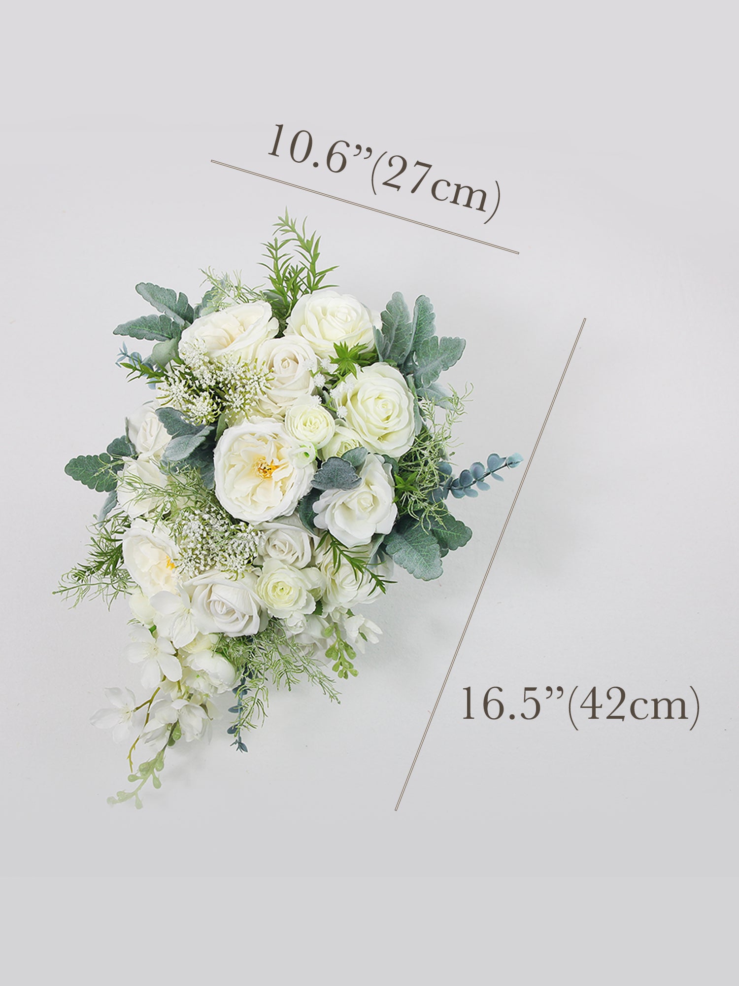 10.6 inch wide Sage Green & White Cascading Bridal Bouquet