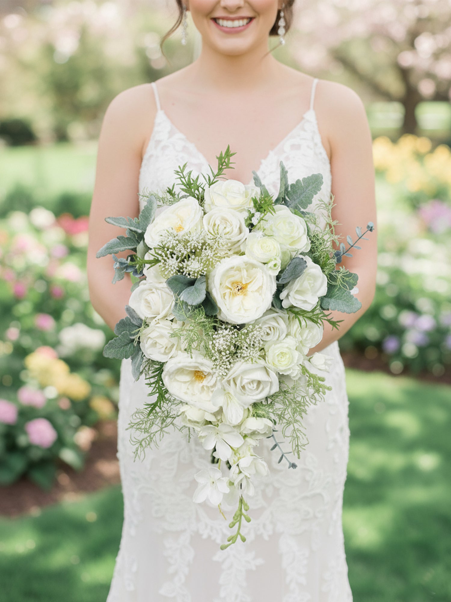10.6 inch wide Sage Green & White Cascading Bridal Bouquet