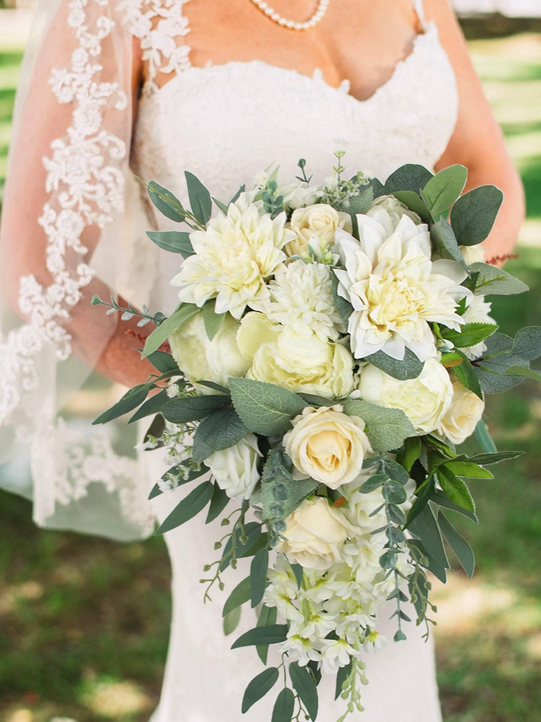 11 inch wide Sage Green & White Cascading Bridal Bouquet - Rinlong Flower