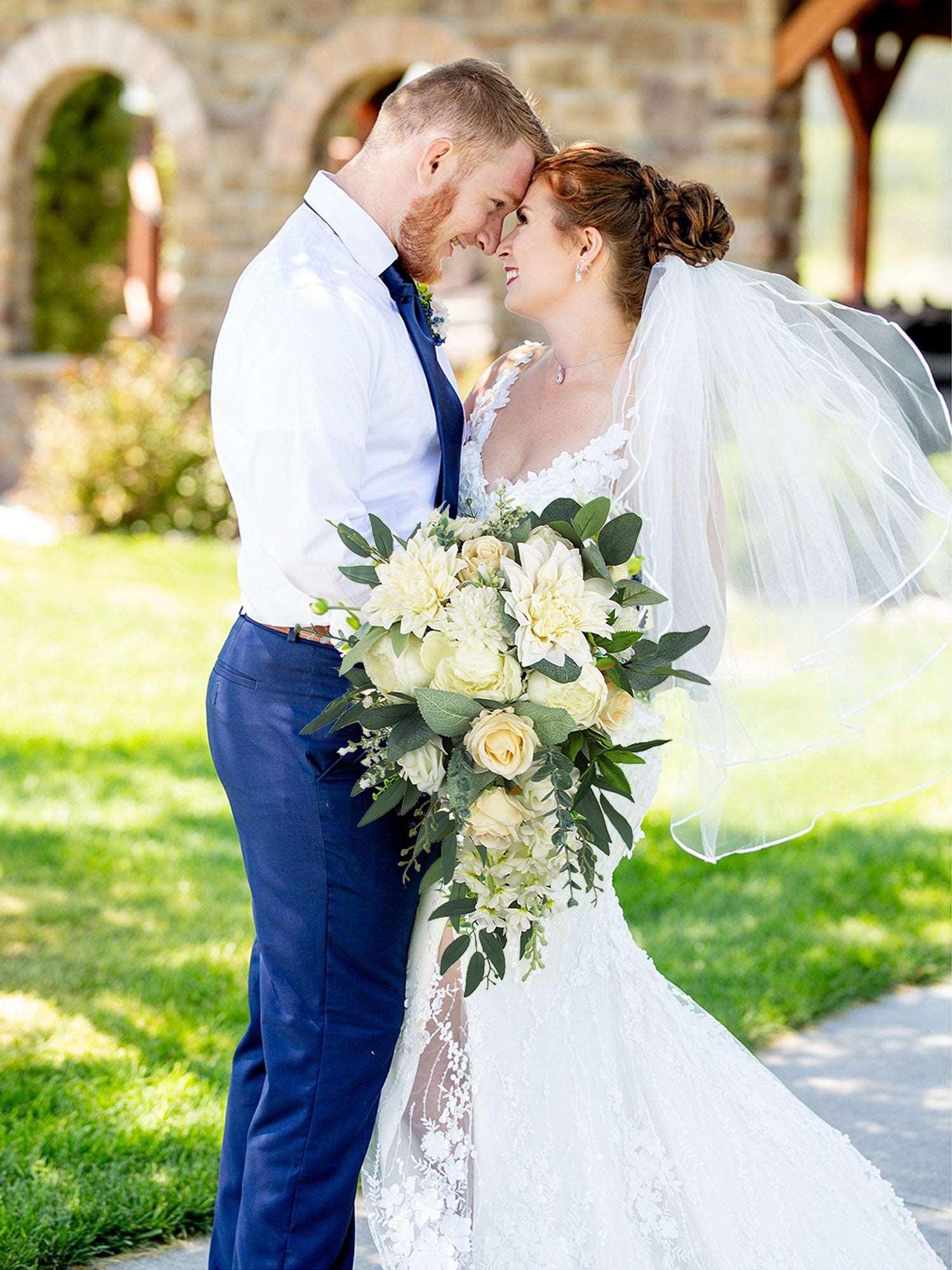 11 inch wide Sage Green & White Cascading Bridal Bouquet - Rinlong Flower