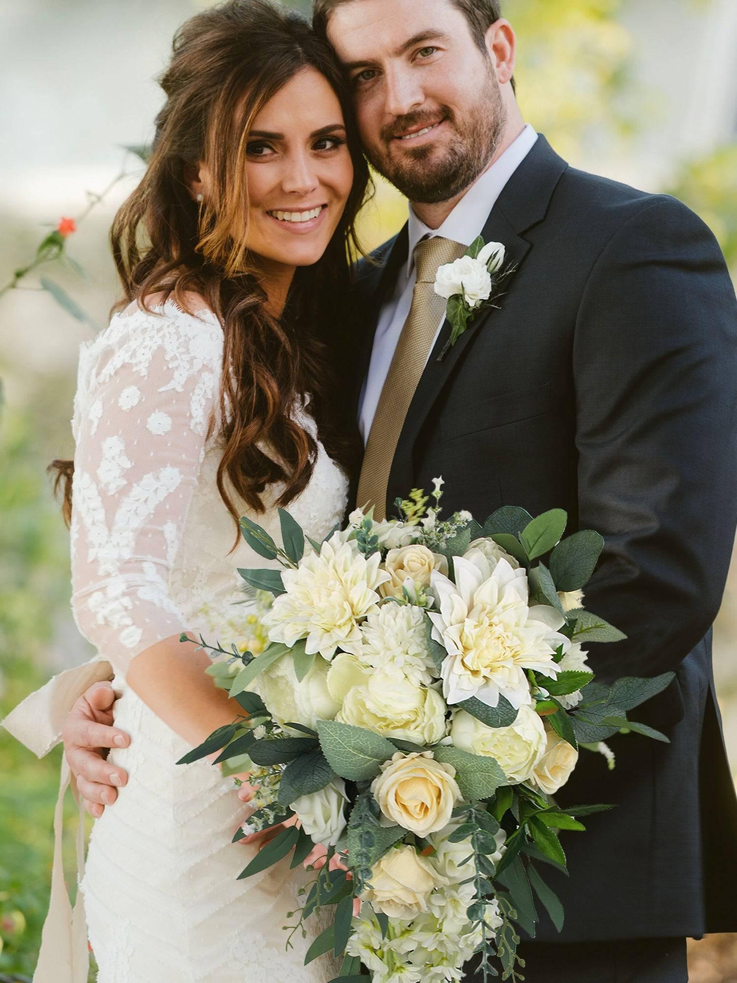 11 inch wide Sage Green & White Cascading Bridal Bouquet - Rinlong Flower