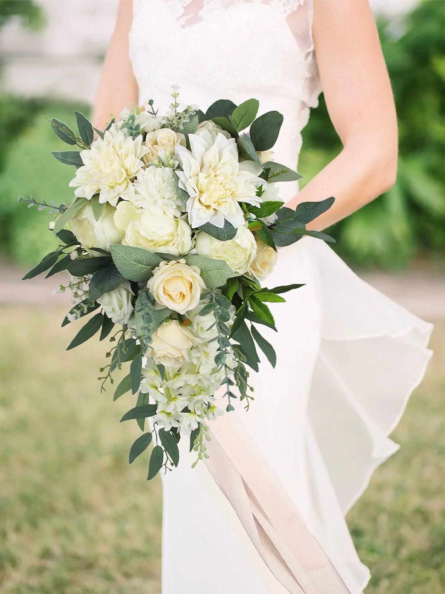 11 inch wide Sage Green & White Cascading Bridal Bouquet - Rinlong Flower