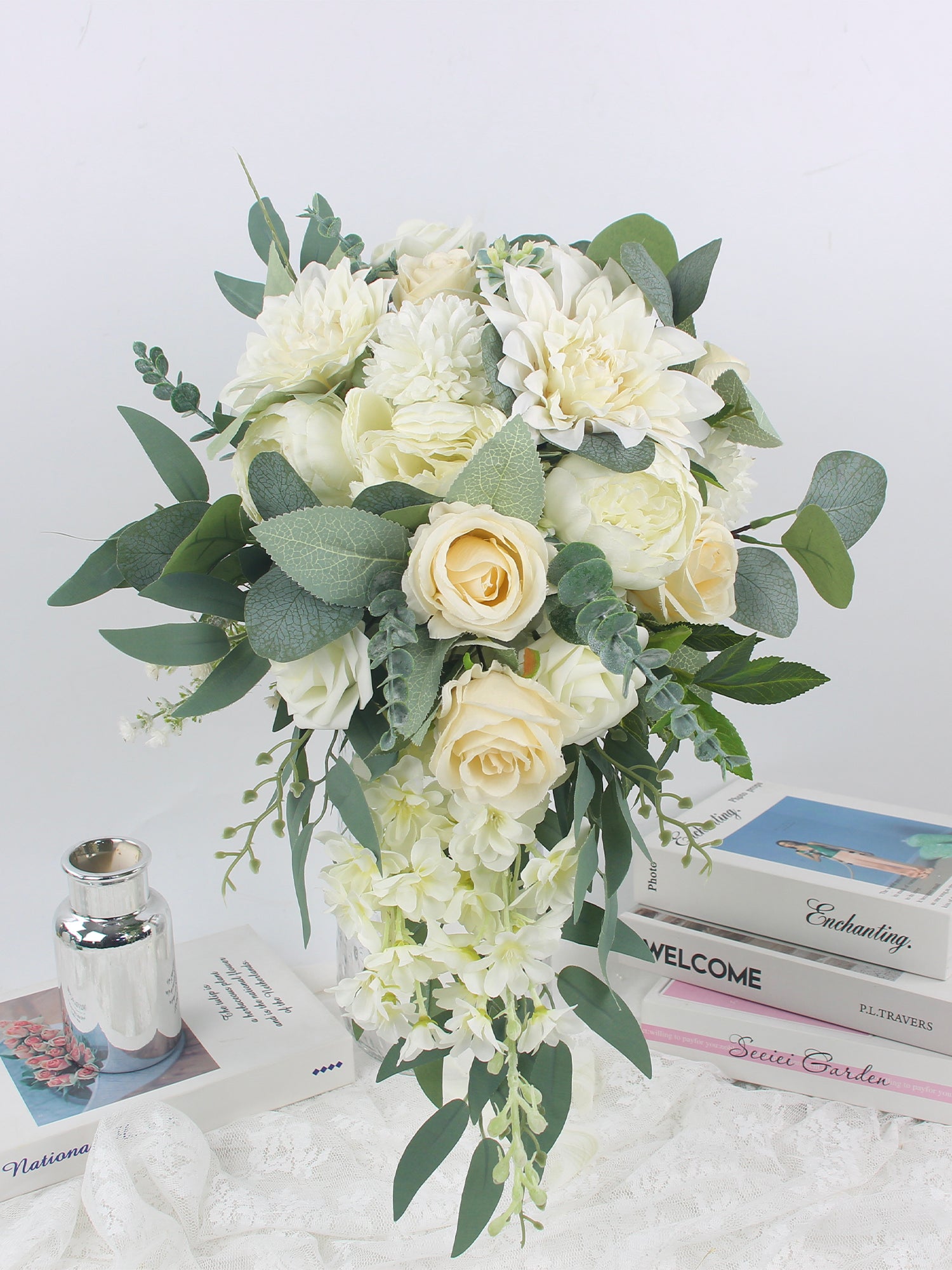 11 inch wide Sage Green & White Cascading Bridal Bouquet - Rinlong Flower