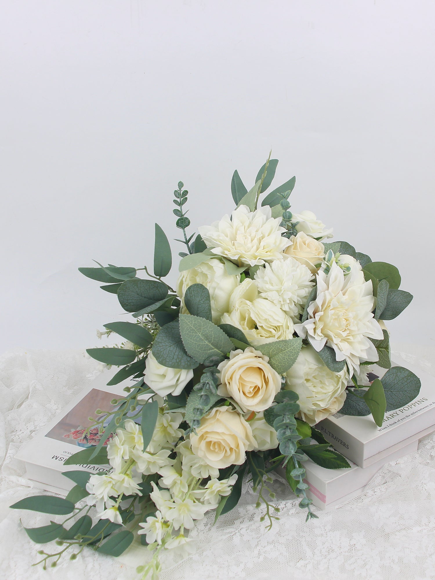 11 inch wide Sage Green & White Cascading Bridal Bouquet - Rinlong Flower