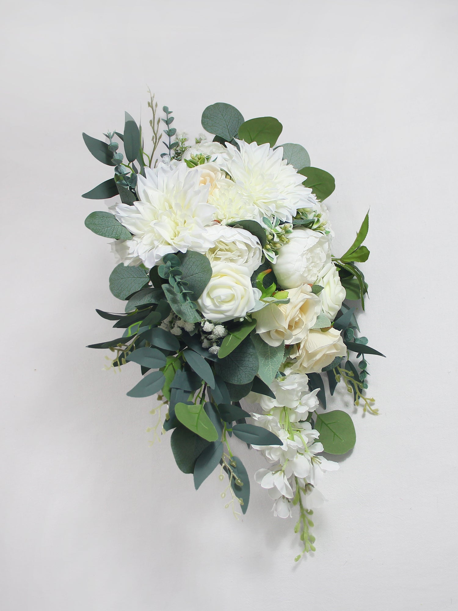 11 inch wide Sage Green & White Cascading Bridal Bouquet - Rinlong Flower