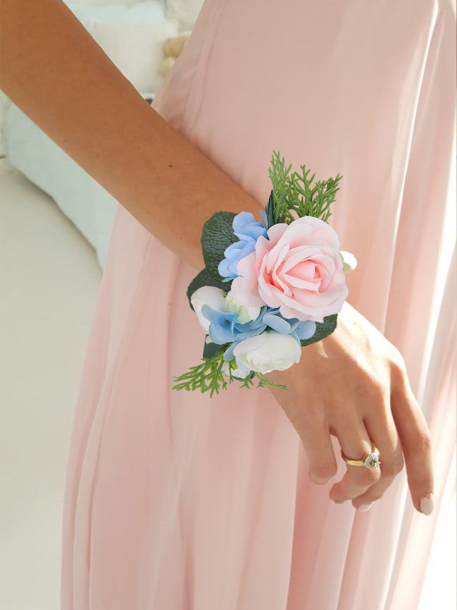 Pink & Baby Blue Wrist Corsage Pink & Baby Blue Wrist Corsage