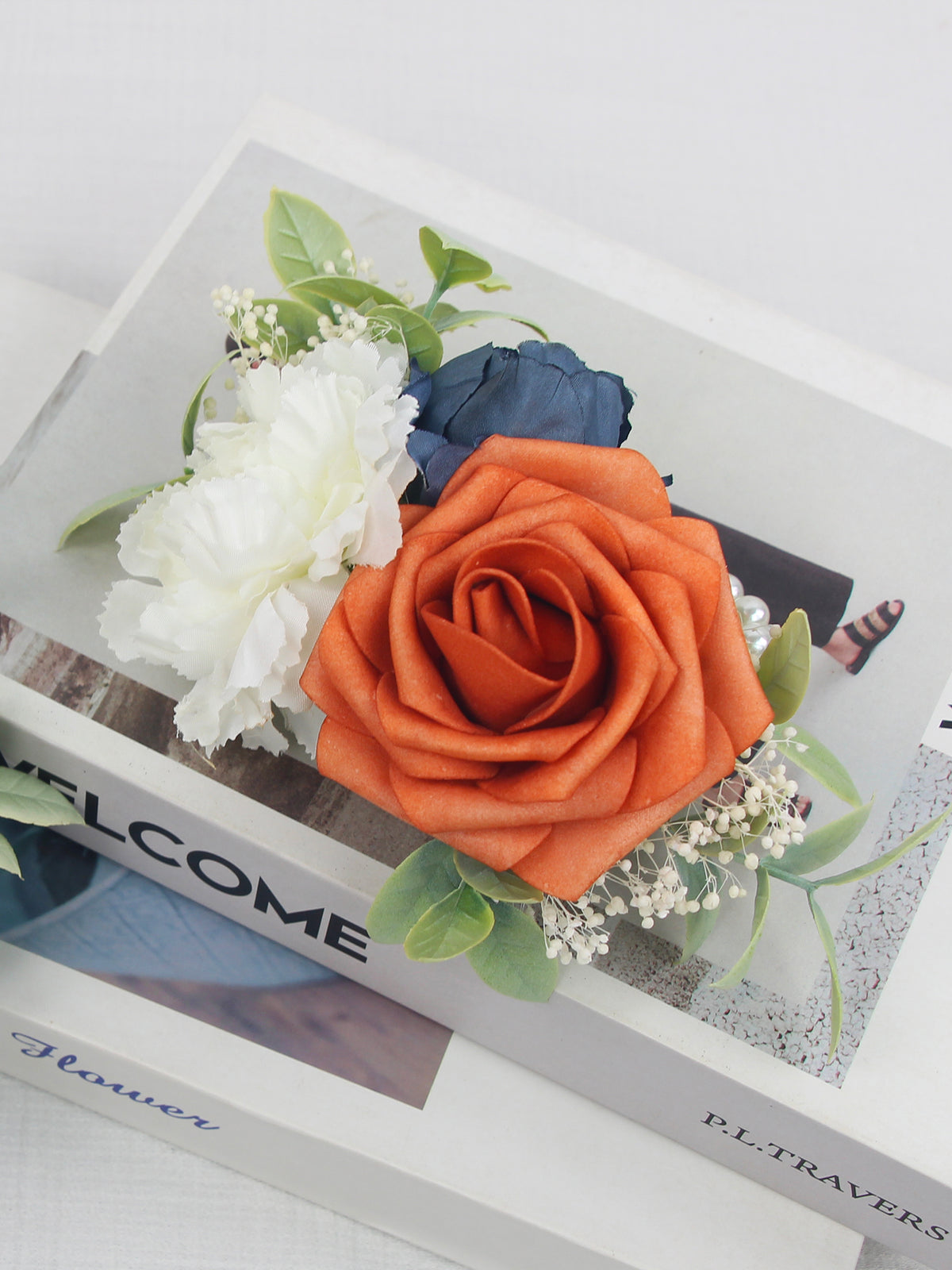 Navy Blue & Burnt Orange Wrist Corsage - Rinlong Flower
