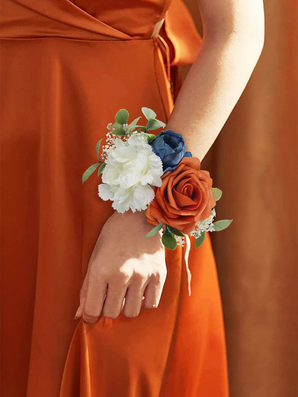 Navy Blue & Burnt Orange Wrist Corsage - Rinlong Flower