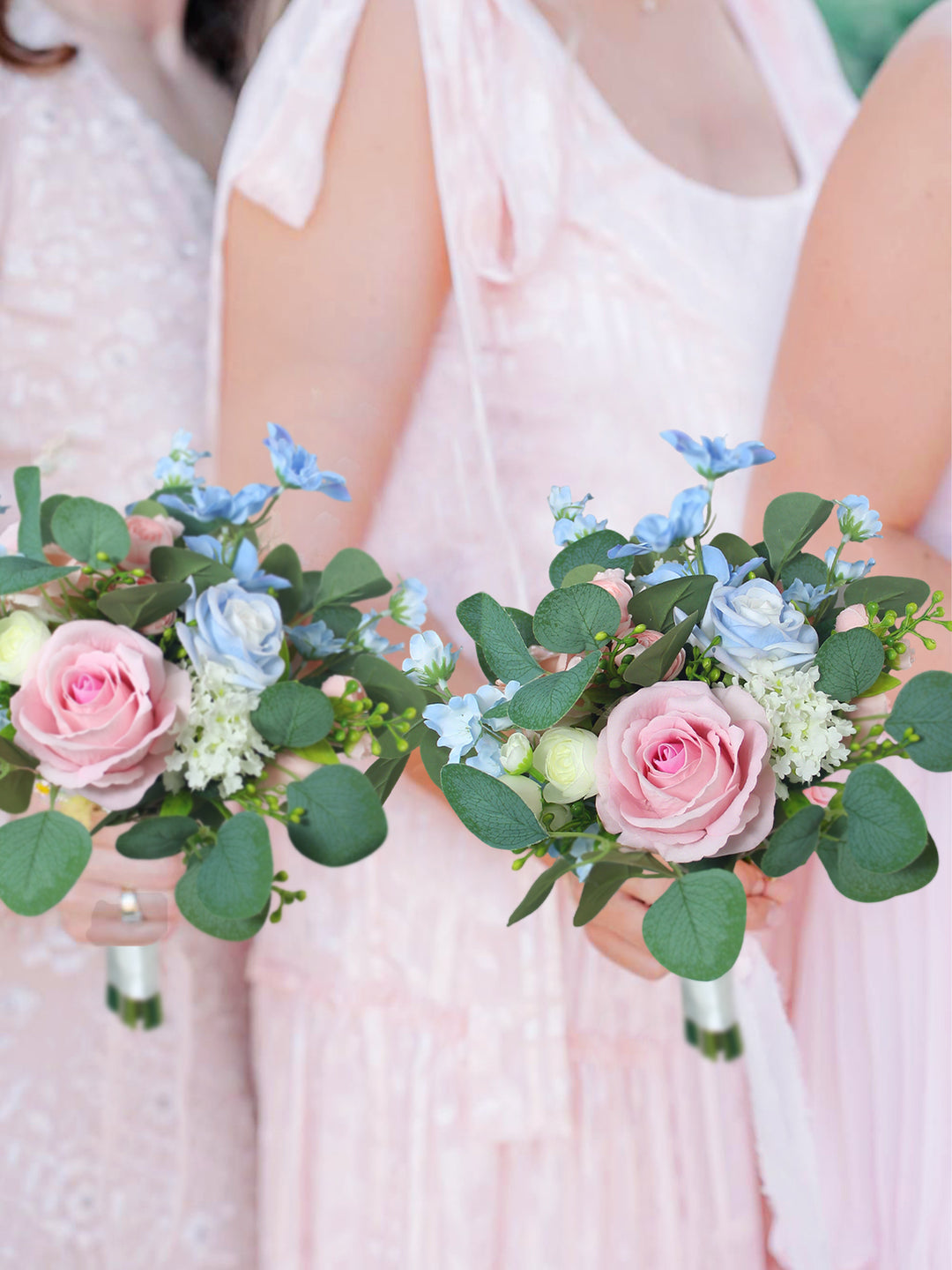 9.4 inch wide Pink & Baby Blue Bridesmaid Bouquet - Rinlong Flower