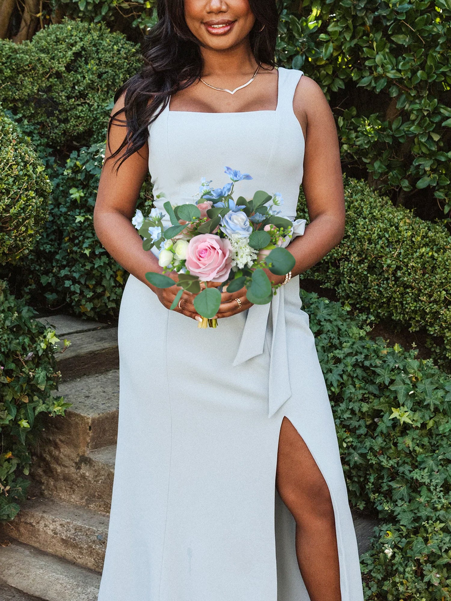 9.4 inch wide Pink & Baby Blue Bridesmaid Bouquet - Rinlong Flower