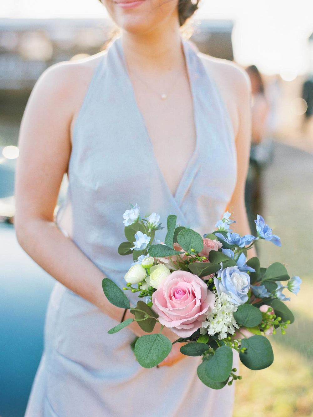 9.4 inch wide Pink & Baby Blue Bridesmaid Bouquet - Rinlong Flower
