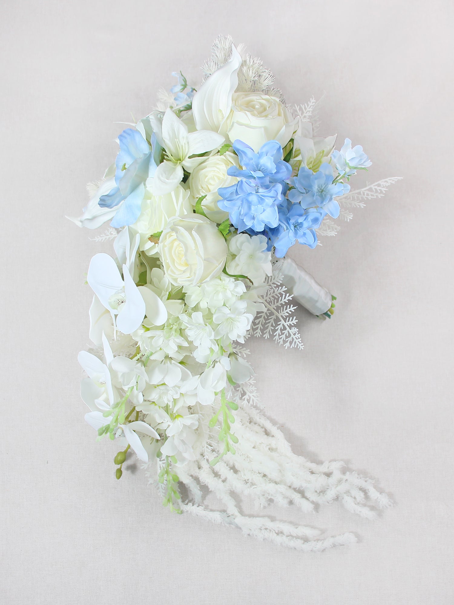 11 inch wide Blue & White Cascading Bridal Bouquet