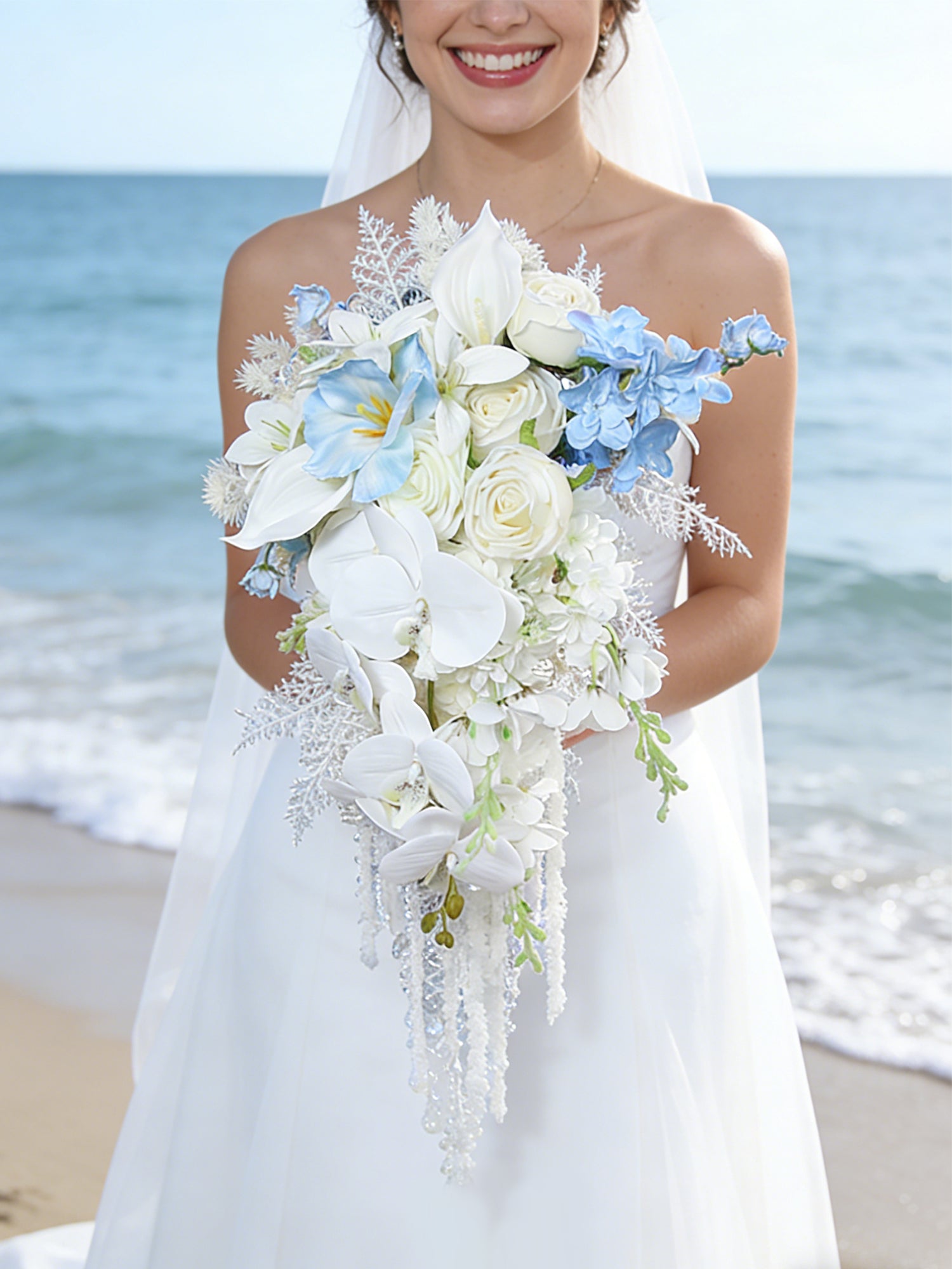 11 inch wide Blue & White Cascading Bridal Bouquet