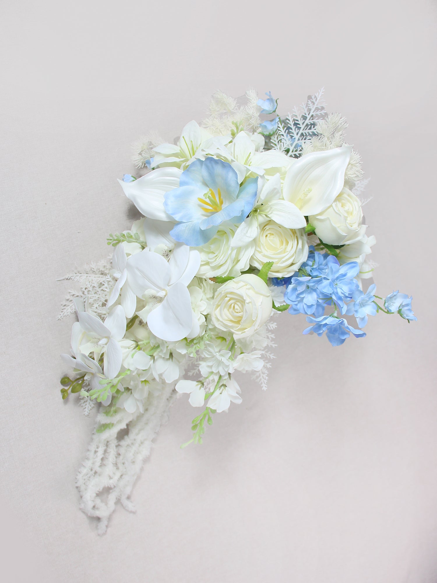11 inch wide Blue & White Cascading Bridal Bouquet