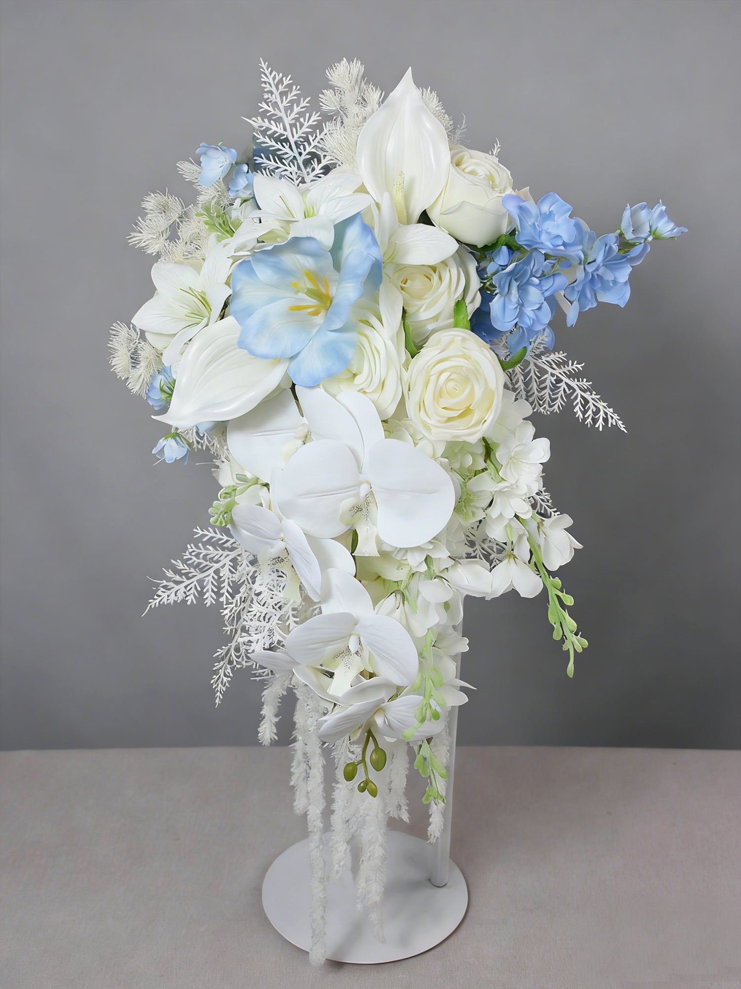 11 inch wide Blue & White Cascading Bridal Bouquet