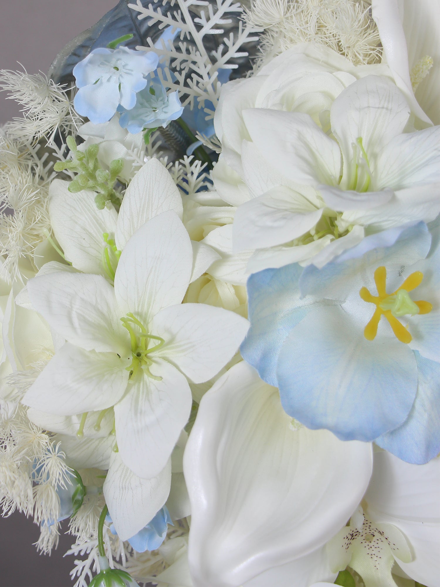 11 inch wide Blue & White Cascading Bridal Bouquet