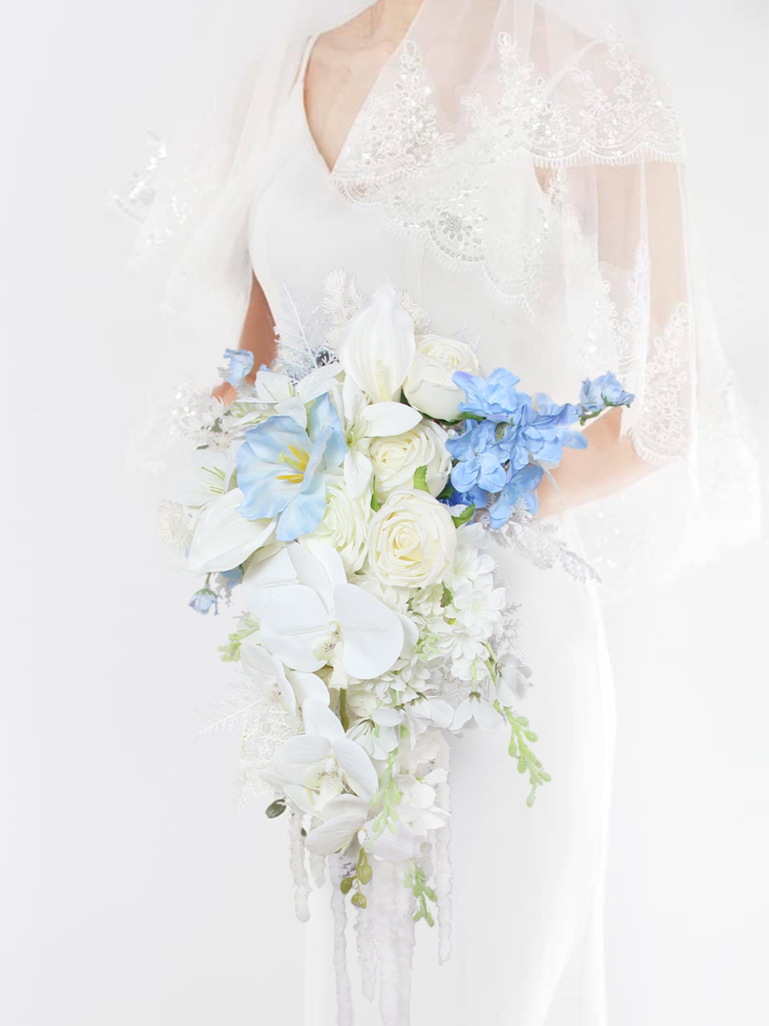 11 inch wide Blue & White Cascading Bridal Bouquet