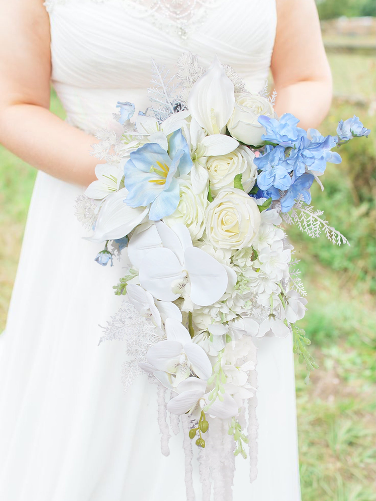 11 inch wide Blue & White Cascading Bridal Bouquet