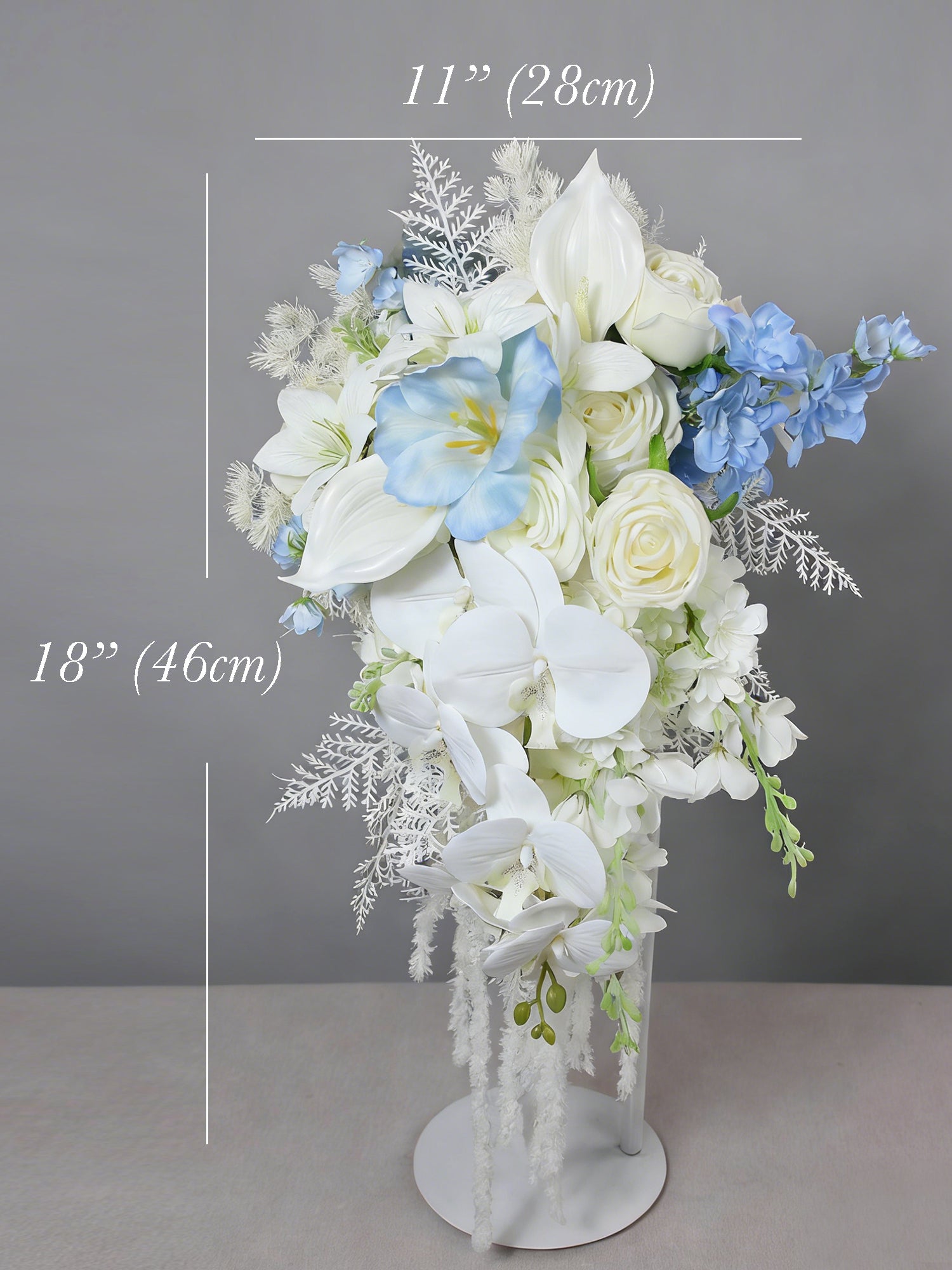 11 inch wide Blue & White Cascading Bridal Bouquet