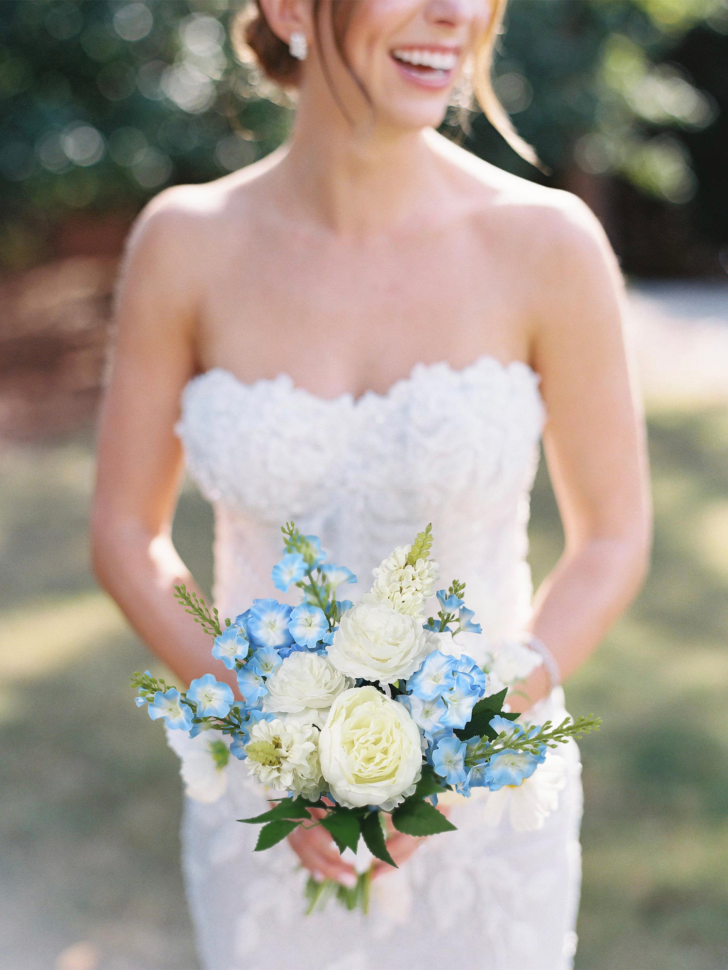 8.6 inch wide Baby Blue Delphinium Bridesmaid Bouquet