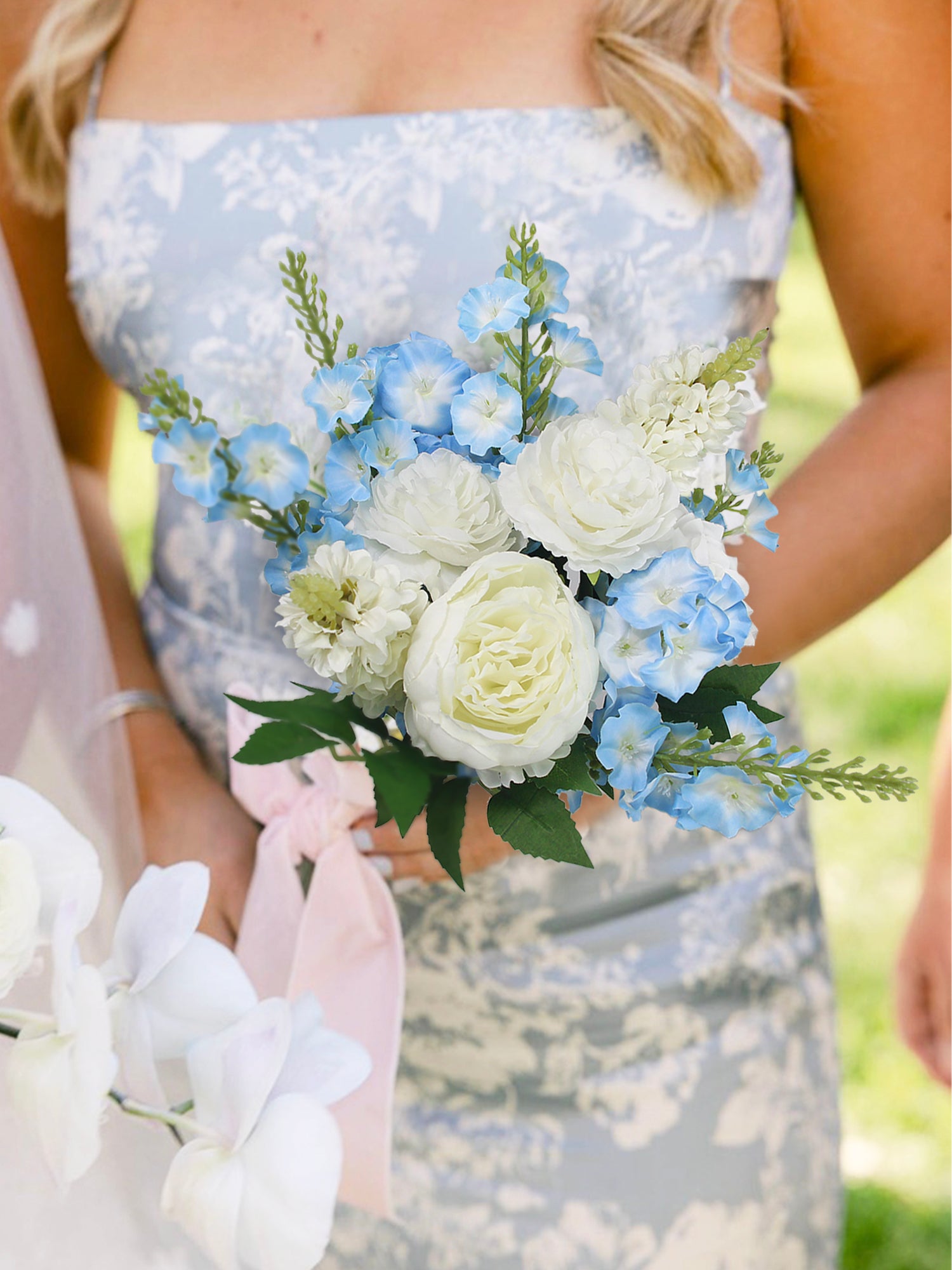 8.6 inch wide Baby Blue Delphinium Bridesmaid Bouquet