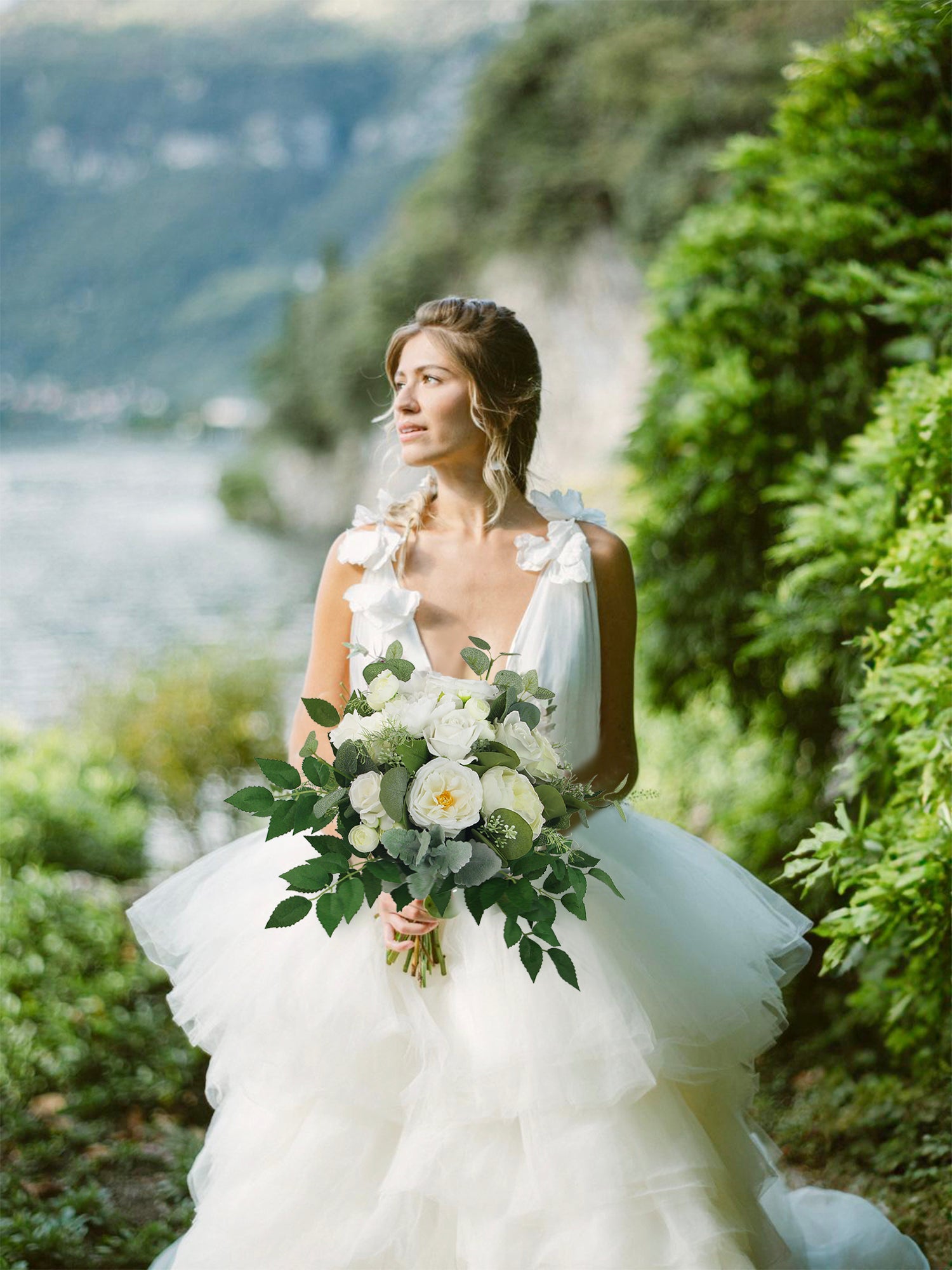 13 inch wide Green & White Bridal Bouquet 13 inch wide Green & White Bridal Bouquet