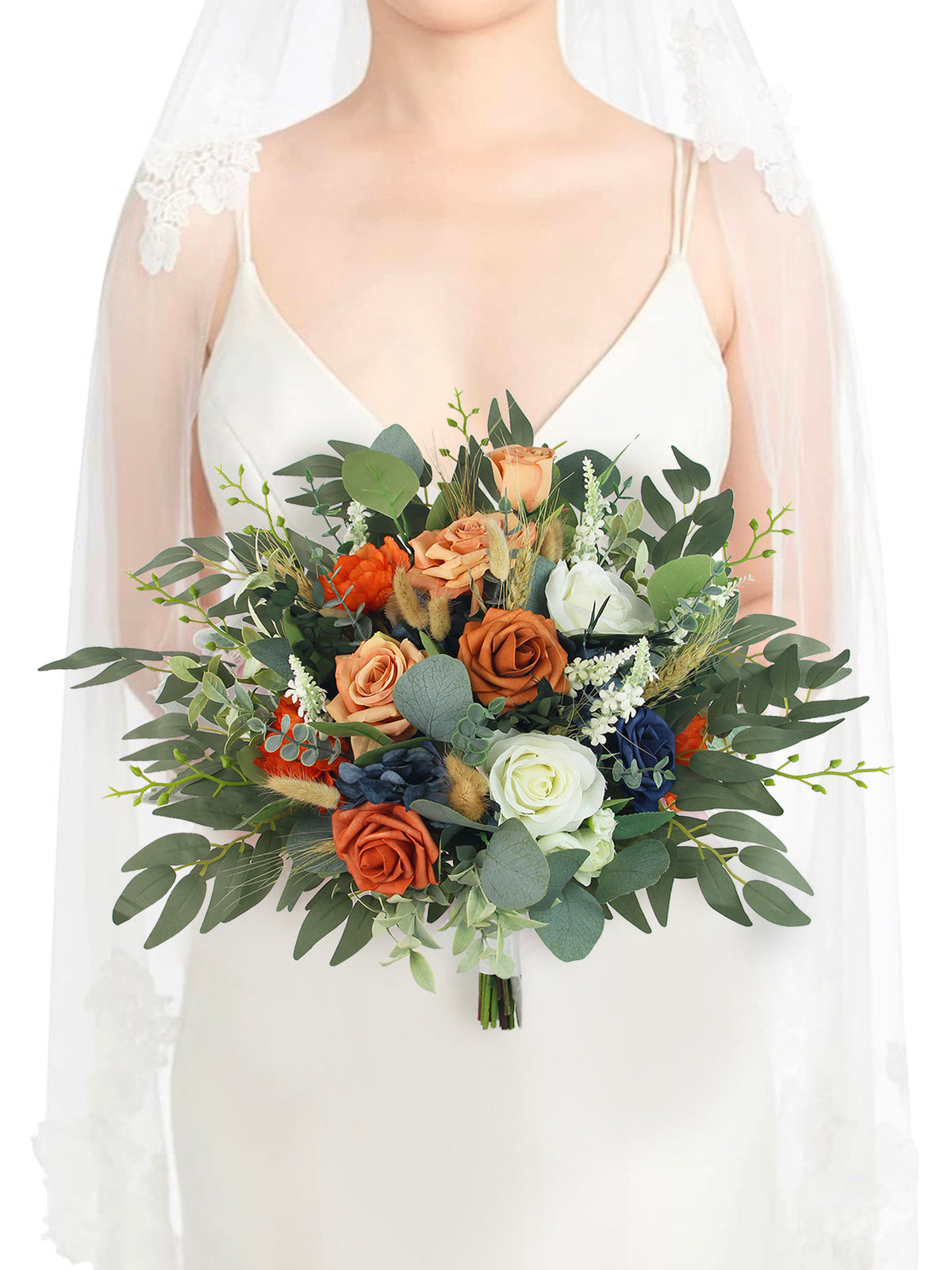 14 inch wide Navy Blue & Burnt Orange Bridal Bouquet - Rinlong Flower