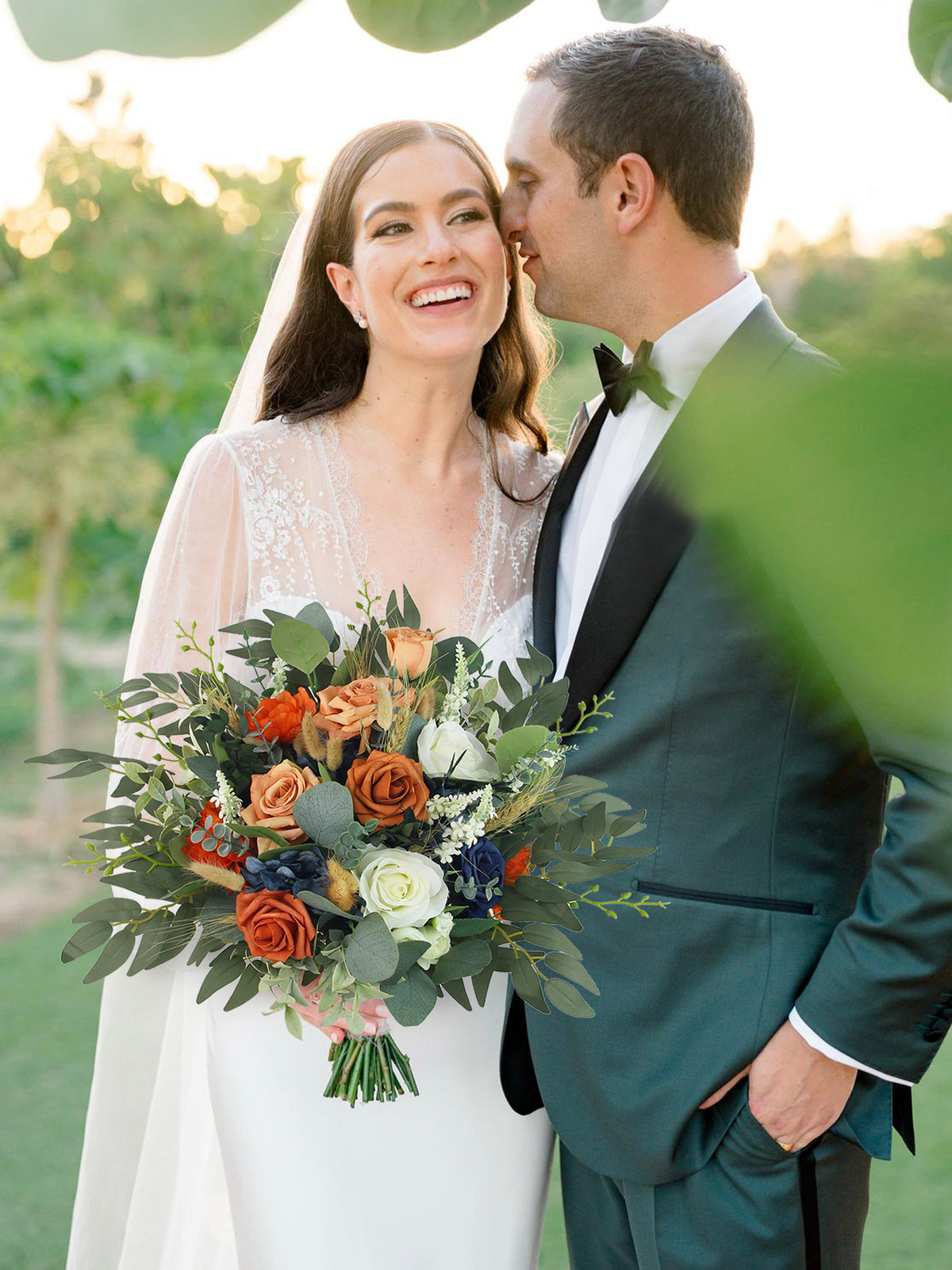 14 inch wide Navy Blue & Burnt Orange Bridal Bouquet - Rinlong Flower