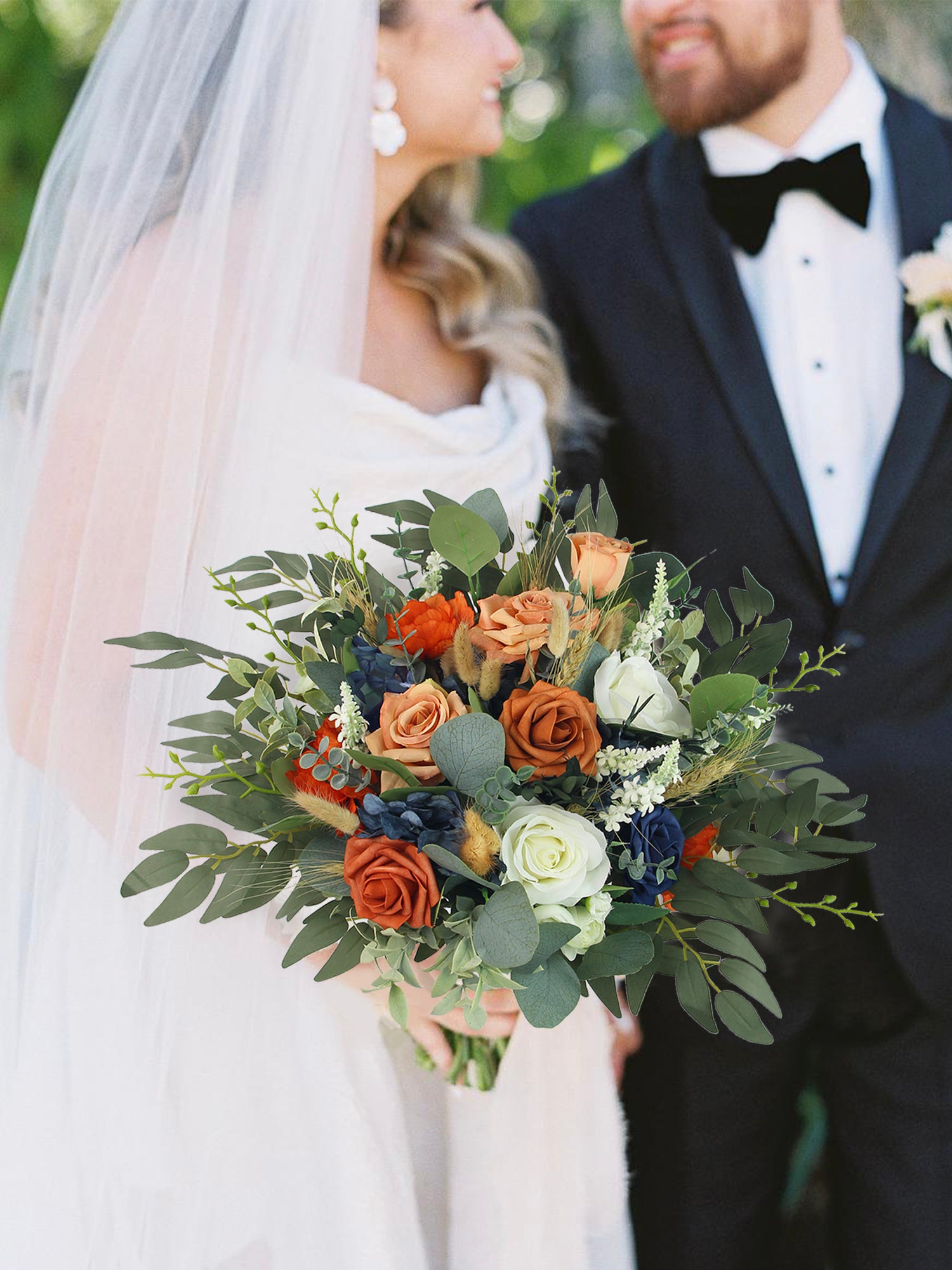 14 inch wide Navy Blue & Burnt Orange Freeform Bridal Bouquet