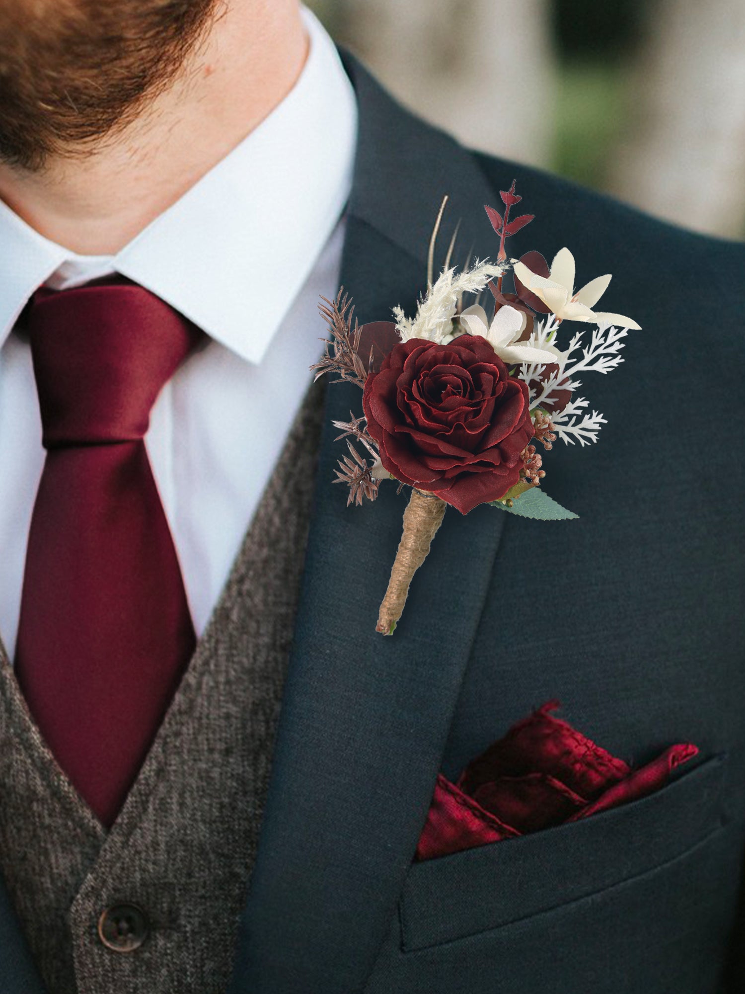 Boutonniere Burgundy & Beige