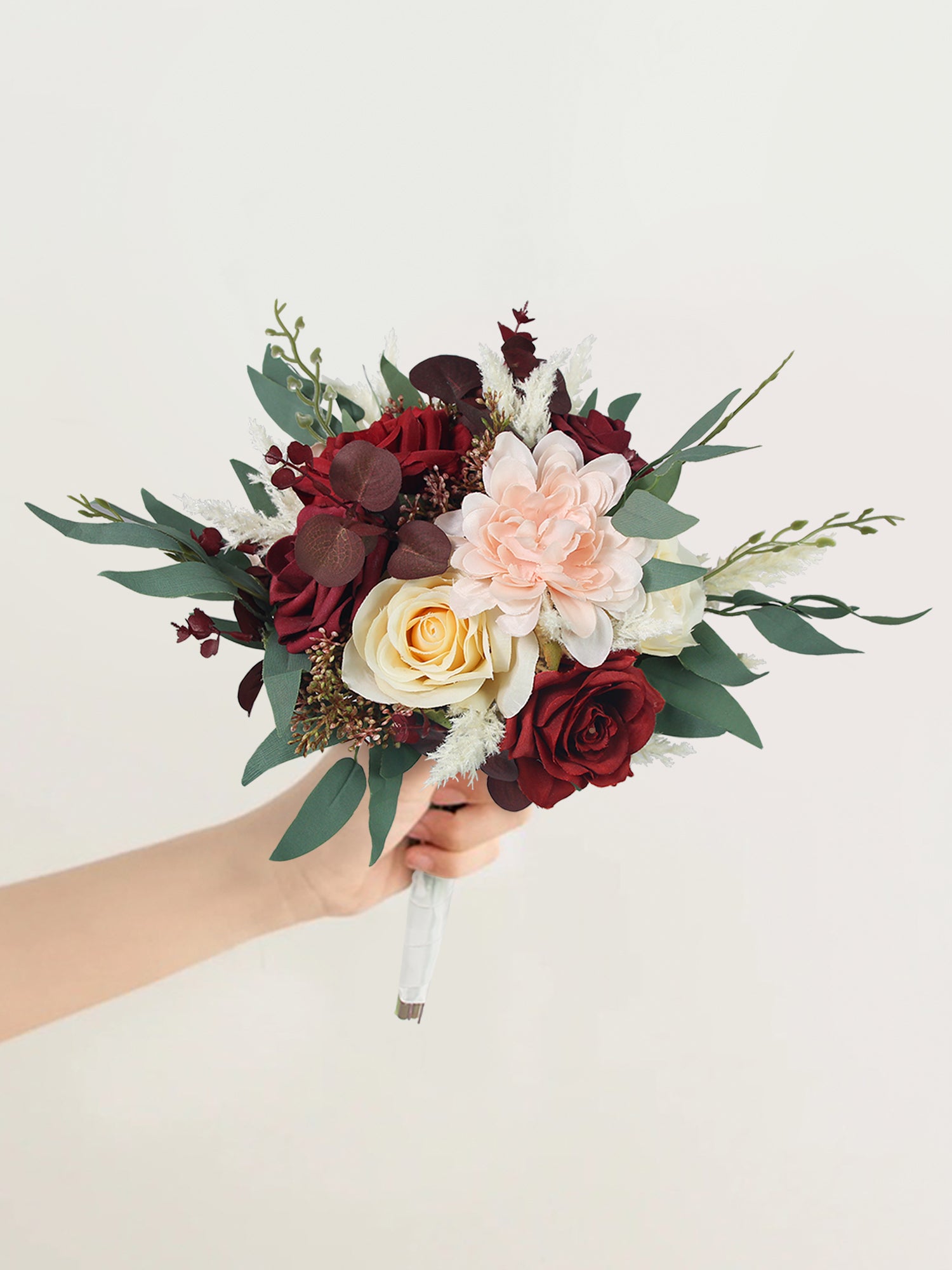 8.2 inch wide Burgundy & Beige Bridesmaid Bouquet