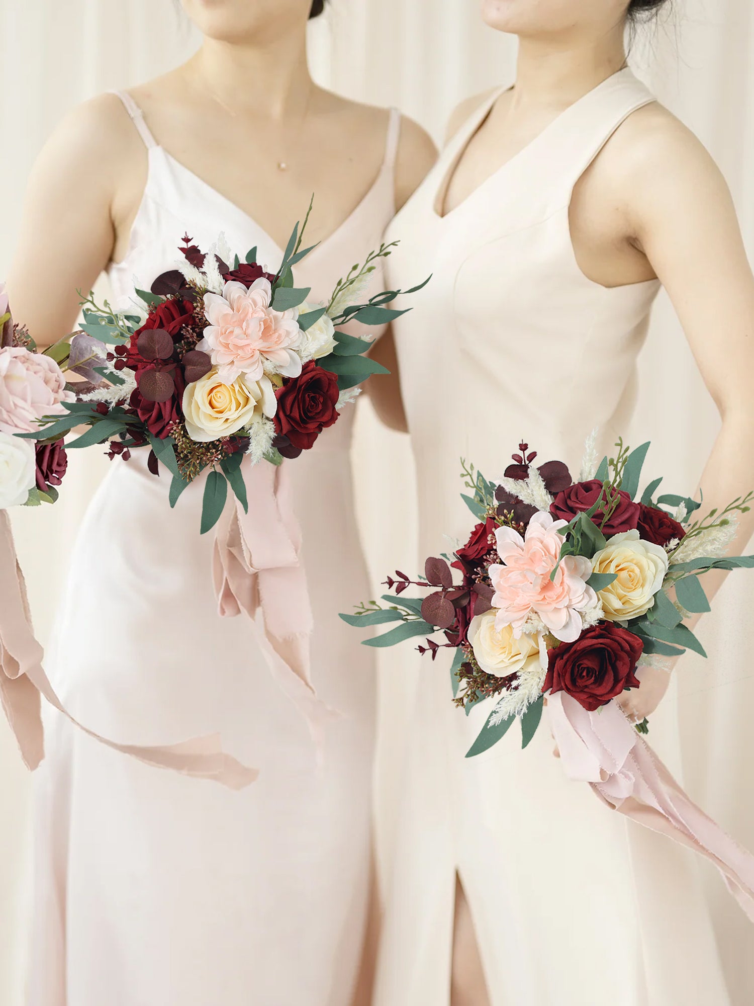 8.2 inch wide Burgundy & Beige Bridesmaid Bouquet