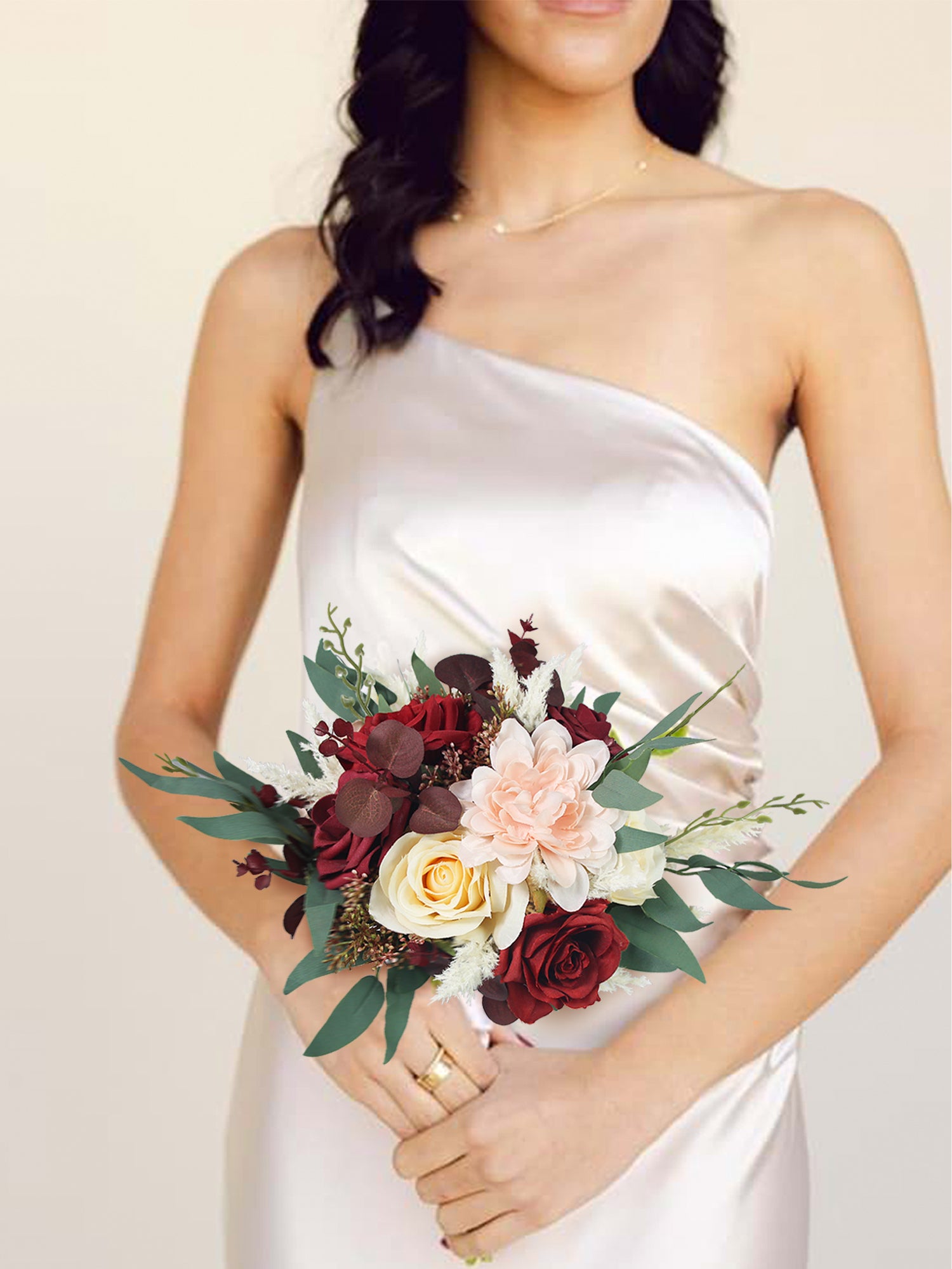 8.2 inch wide Burgundy & Beige Bridesmaid Bouquet