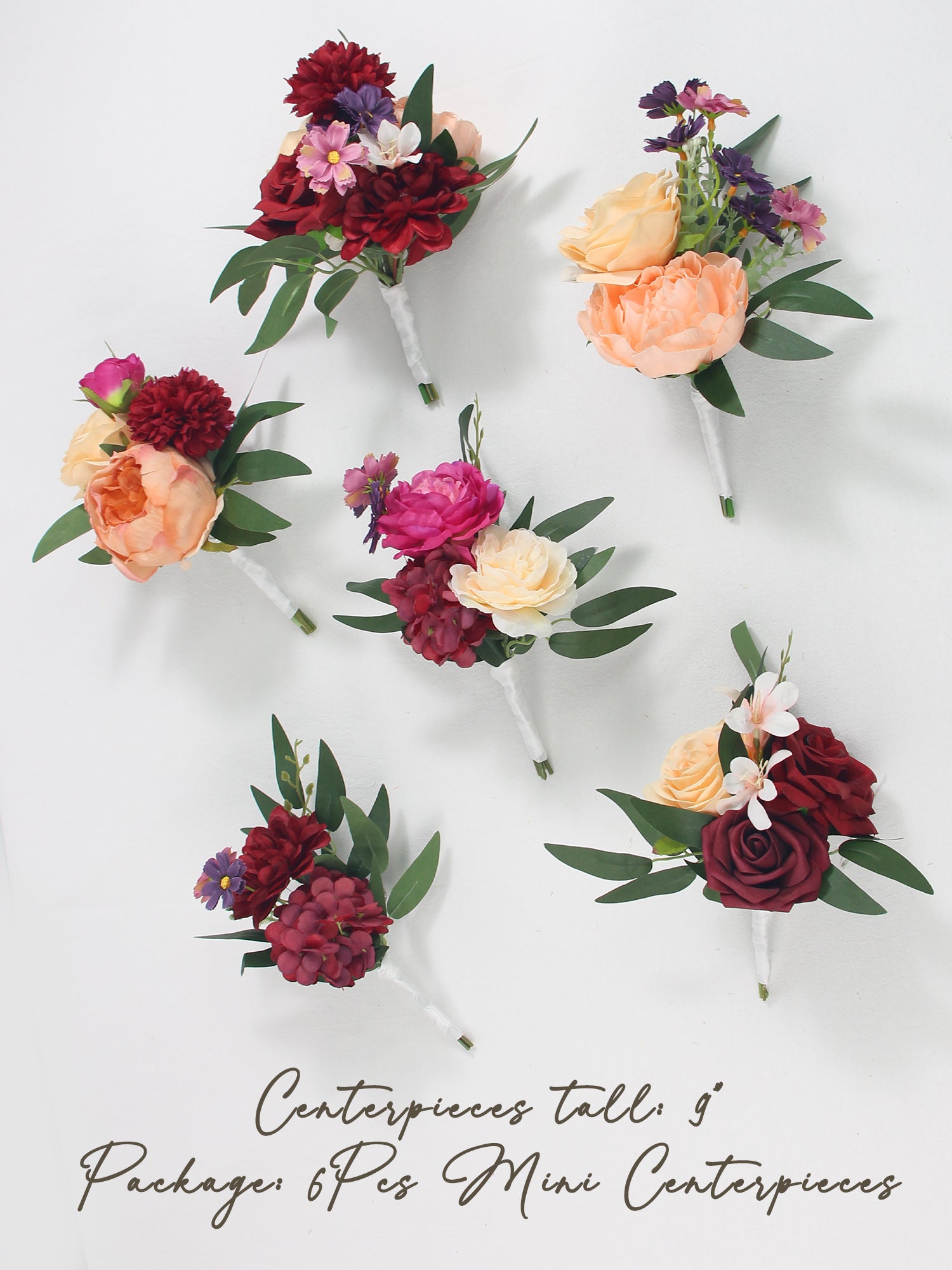 6Pcs Assorted Burgundy & Peach Flower Centerpieces - Rinlong Flower
