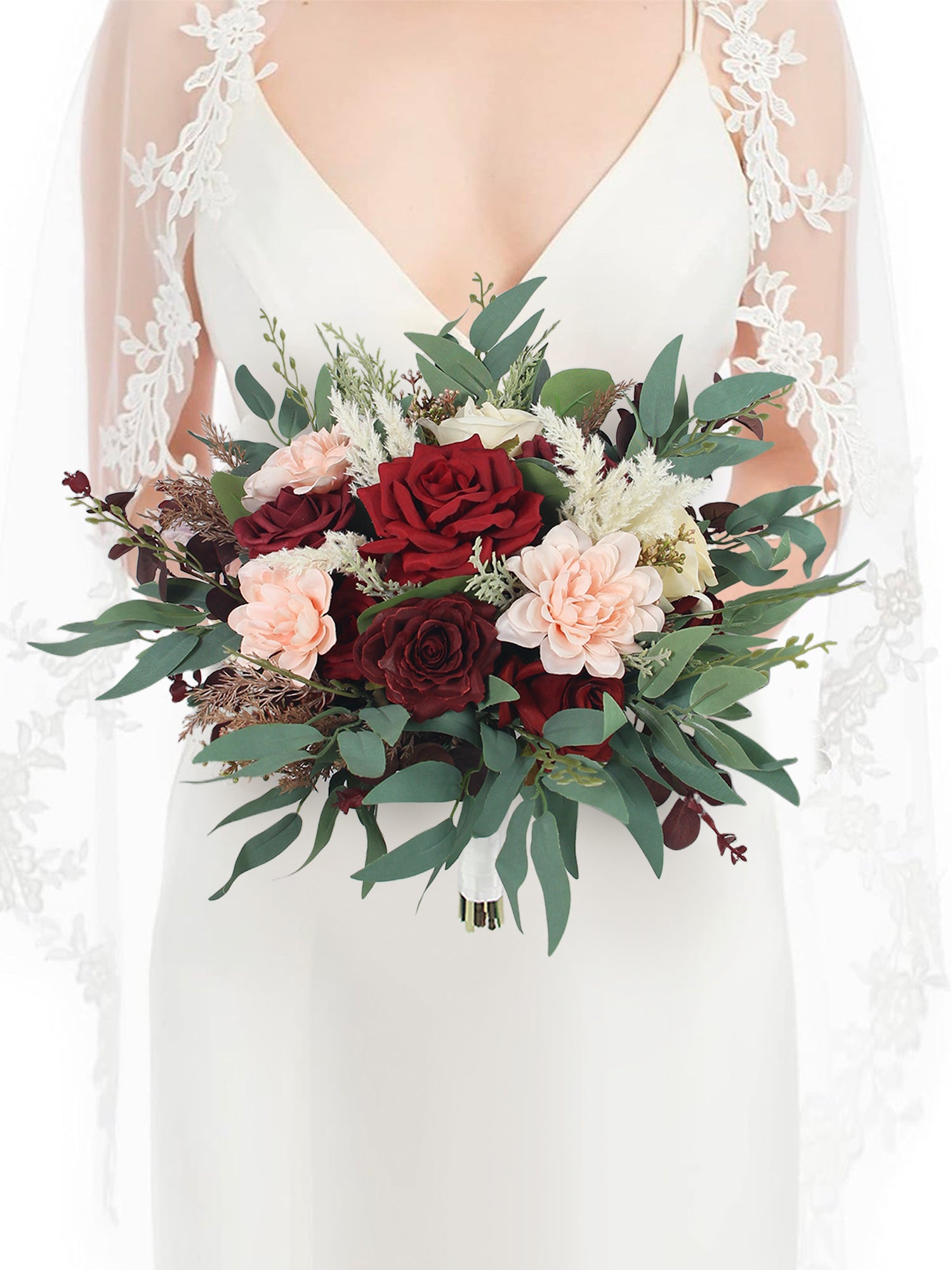 13.5 inch wide Burgundy & Pink Bridal Bouquet