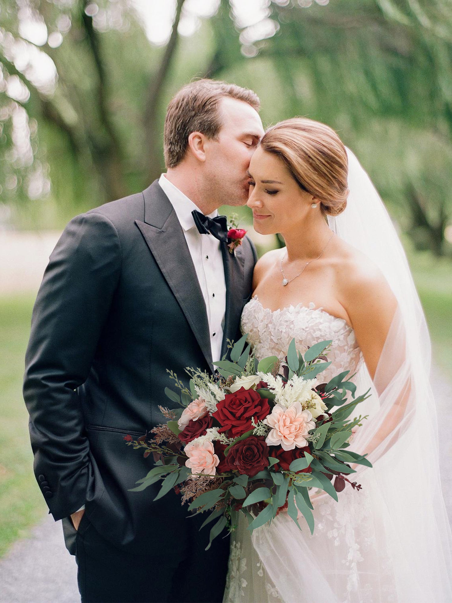 13.5 inch wide Burgundy & Pink Bridal Bouquet