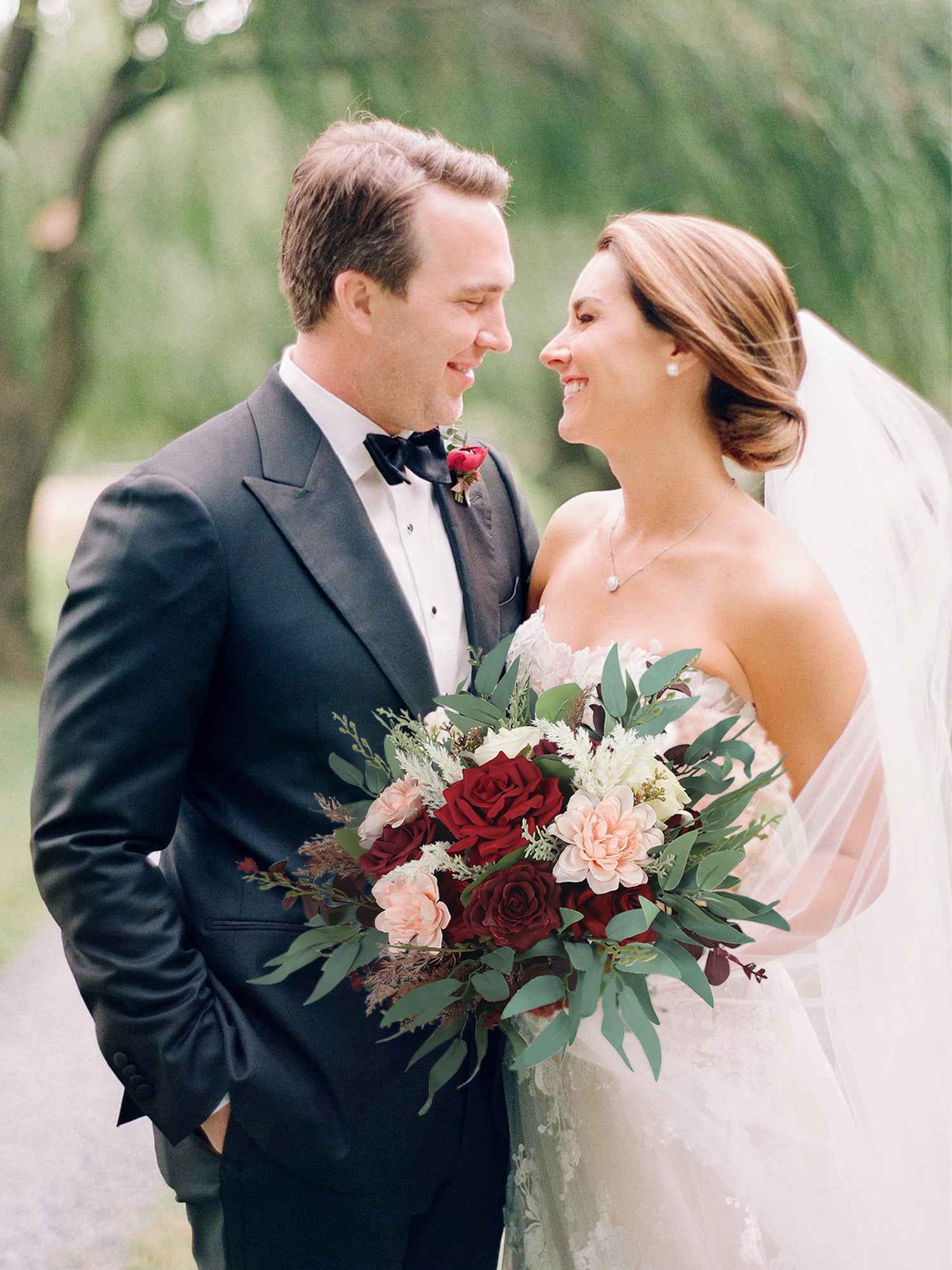 13.5 inch wide Burgundy & Pink Bridal Bouquet