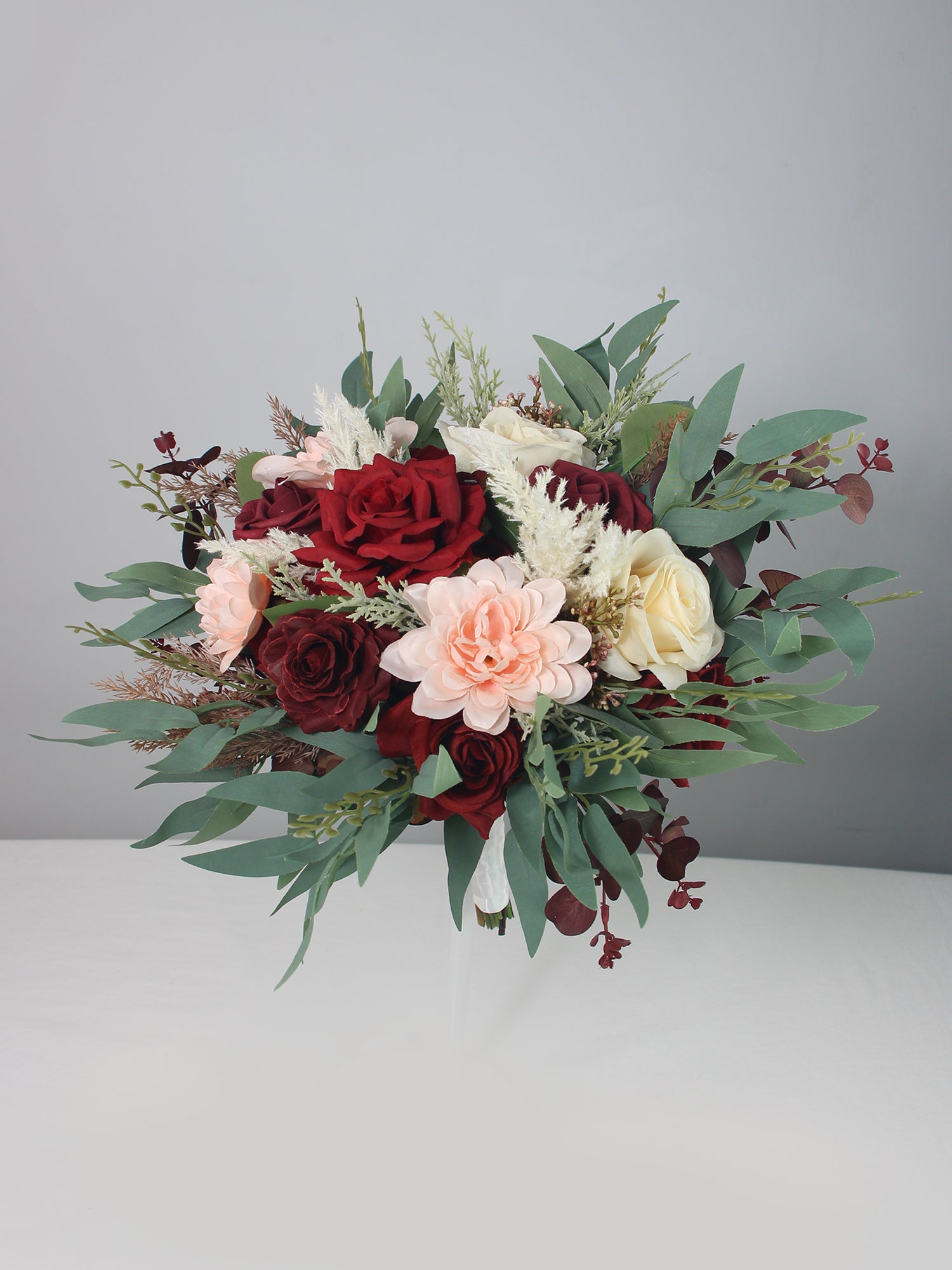 13.5 inch wide Burgundy & Pink Bridal Bouquet