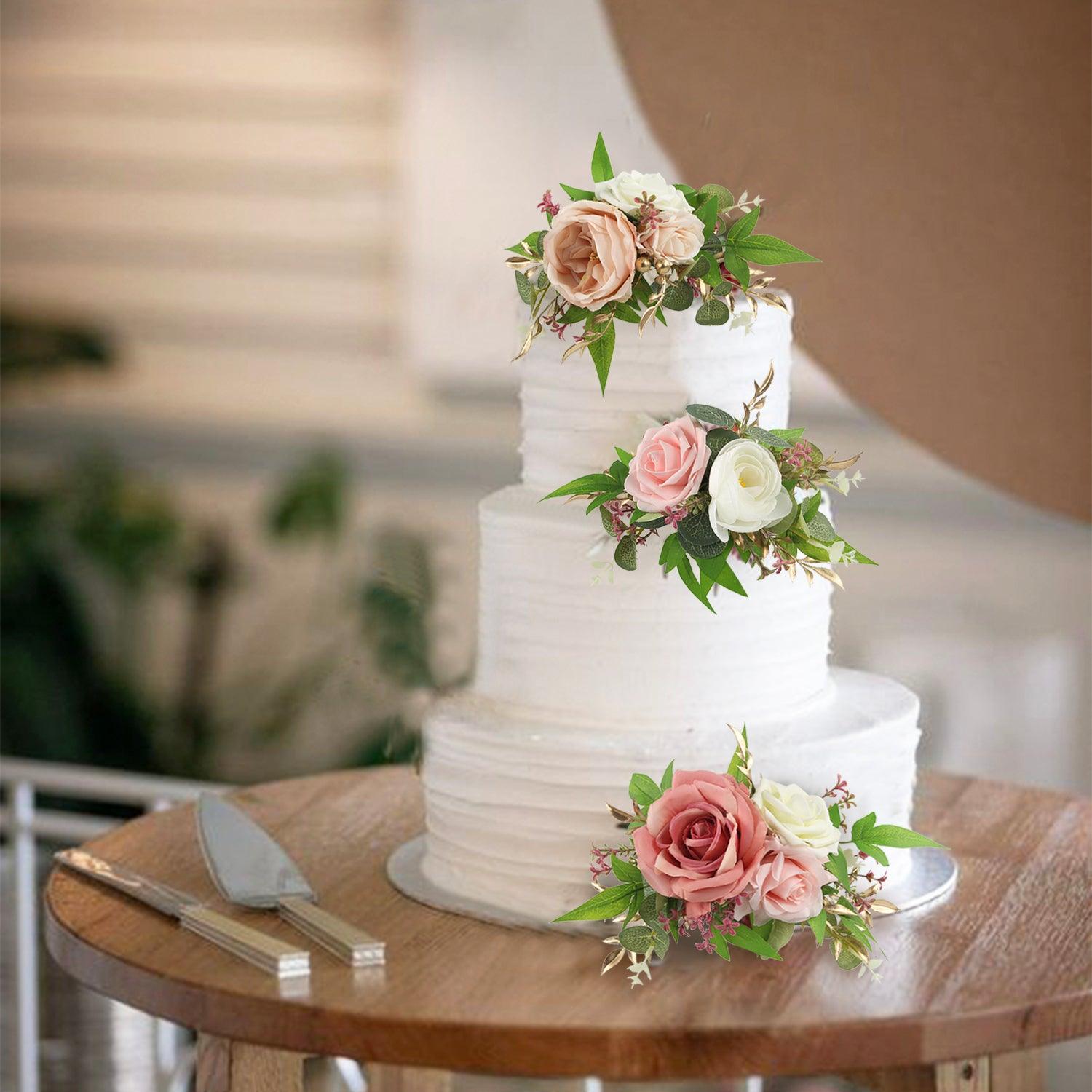 3Pcs Rose Pink and Cream Cake Topper Flowers Set - Rinlong Flower