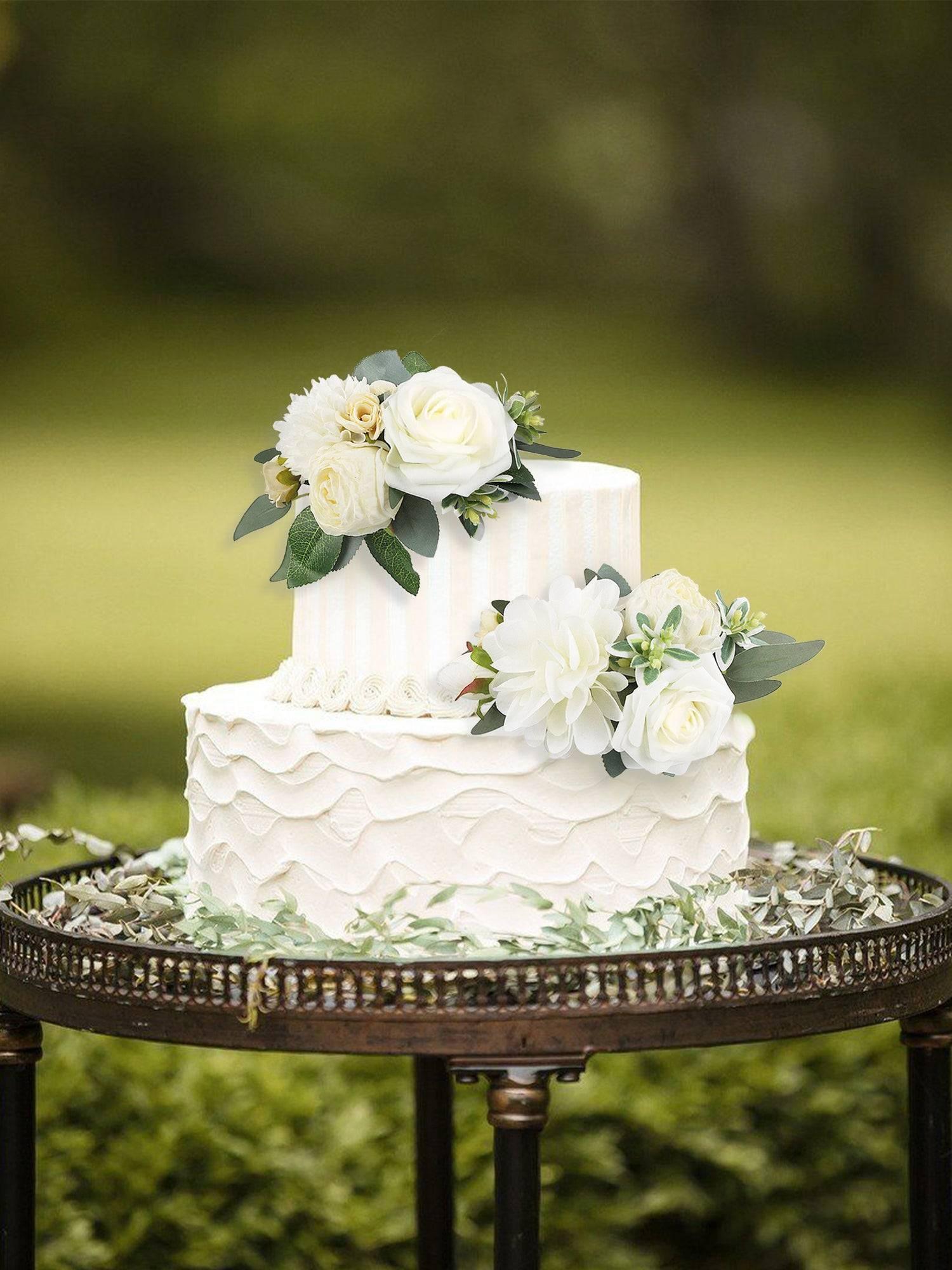 3Pcs White & Sage Cake Topper Flowers Set - Rinlong Flower
