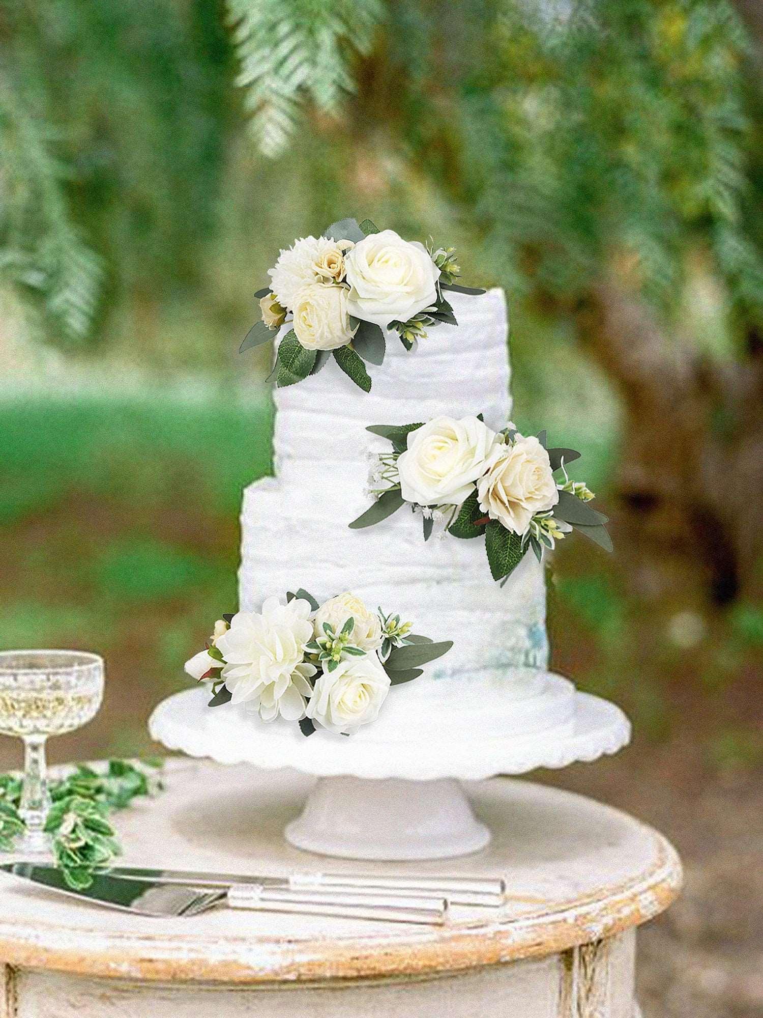 3Pcs White & Sage Cake Topper Flowers Set - Rinlong Flower