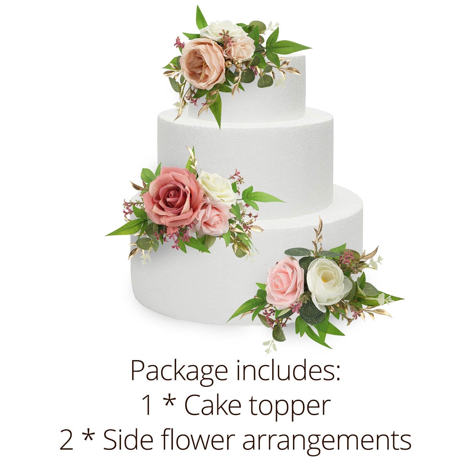 3Pcs Rose Pink and Cream Cake Topper Flowers Set - Rinlong Flower