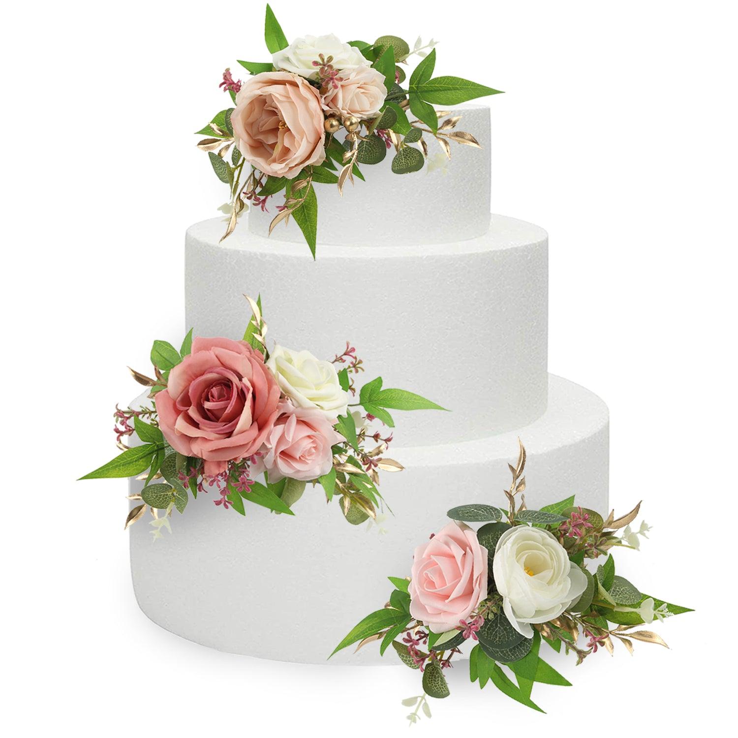 3Pcs Rose Pink and Cream Cake Topper Flowers Set - Rinlong Flower