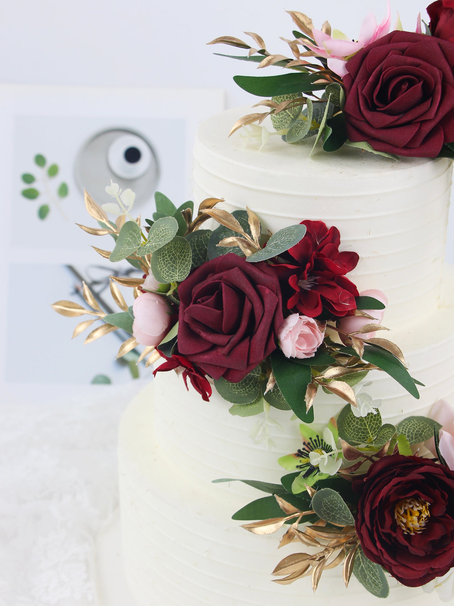 3Pcs Burgundy Cake Topper Flowers Set - Rinlong Flower