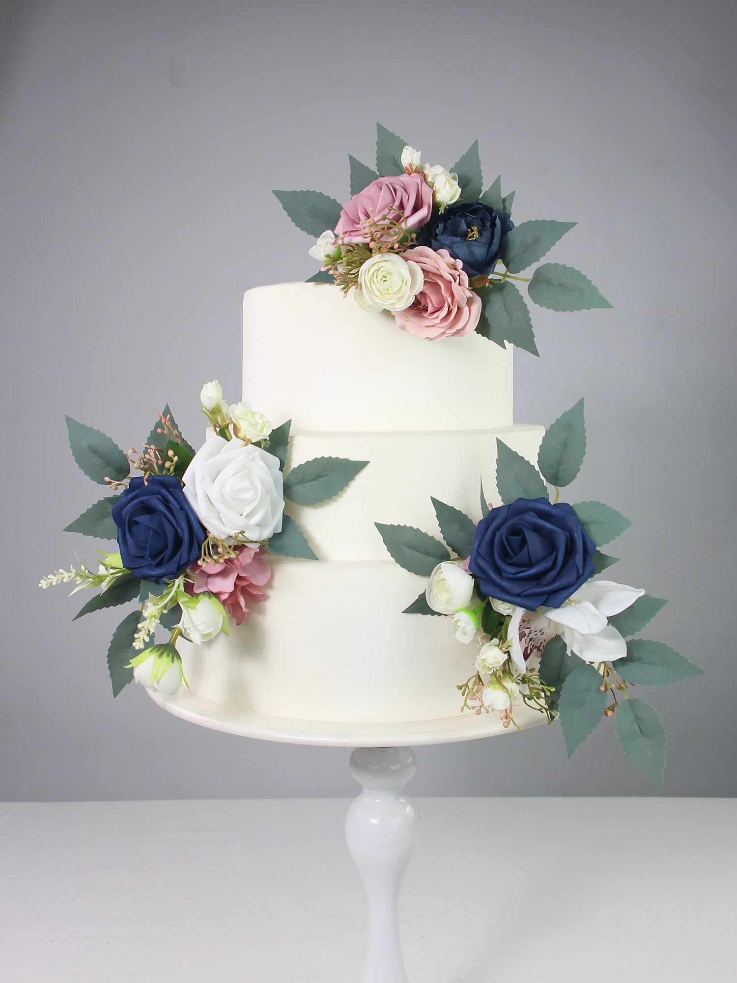 3Pcs Navy Blue & Dusty Rose Cake Flowers Set