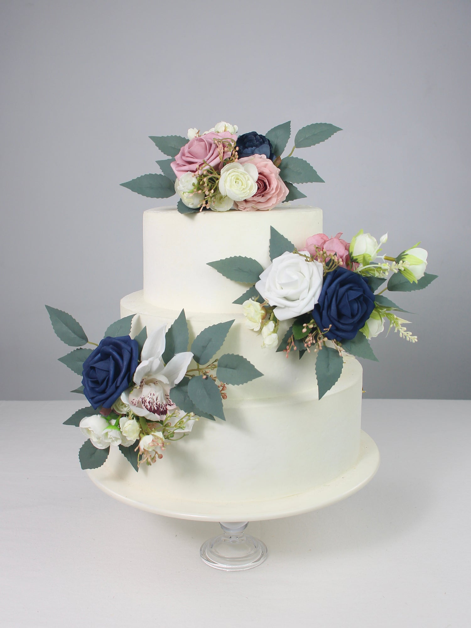3Pcs Navy Blue & Dusty Rose Cake Flowers Set