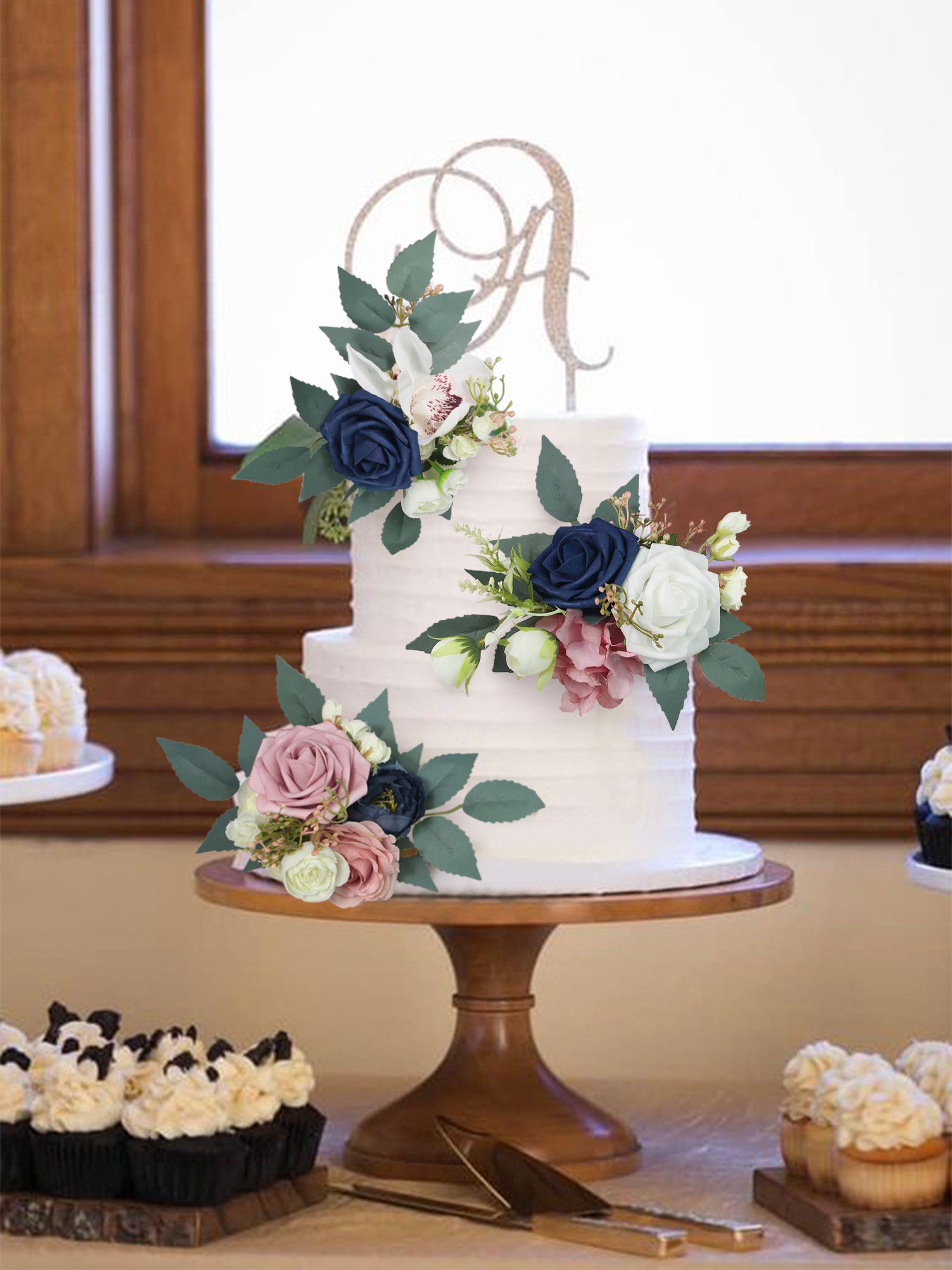 3Pcs Navy Blue & Dusty Rose Cake Flowers Set