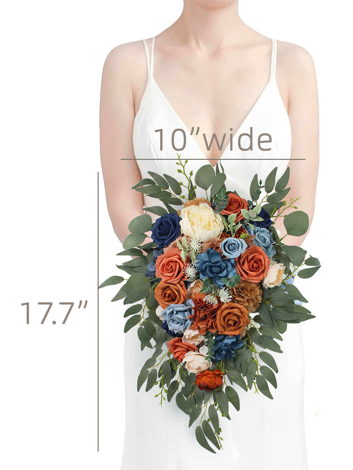 10 inch wide Navy Blue & Burnt Orange Cascading Bridal Bouquet - Rinlong Flower