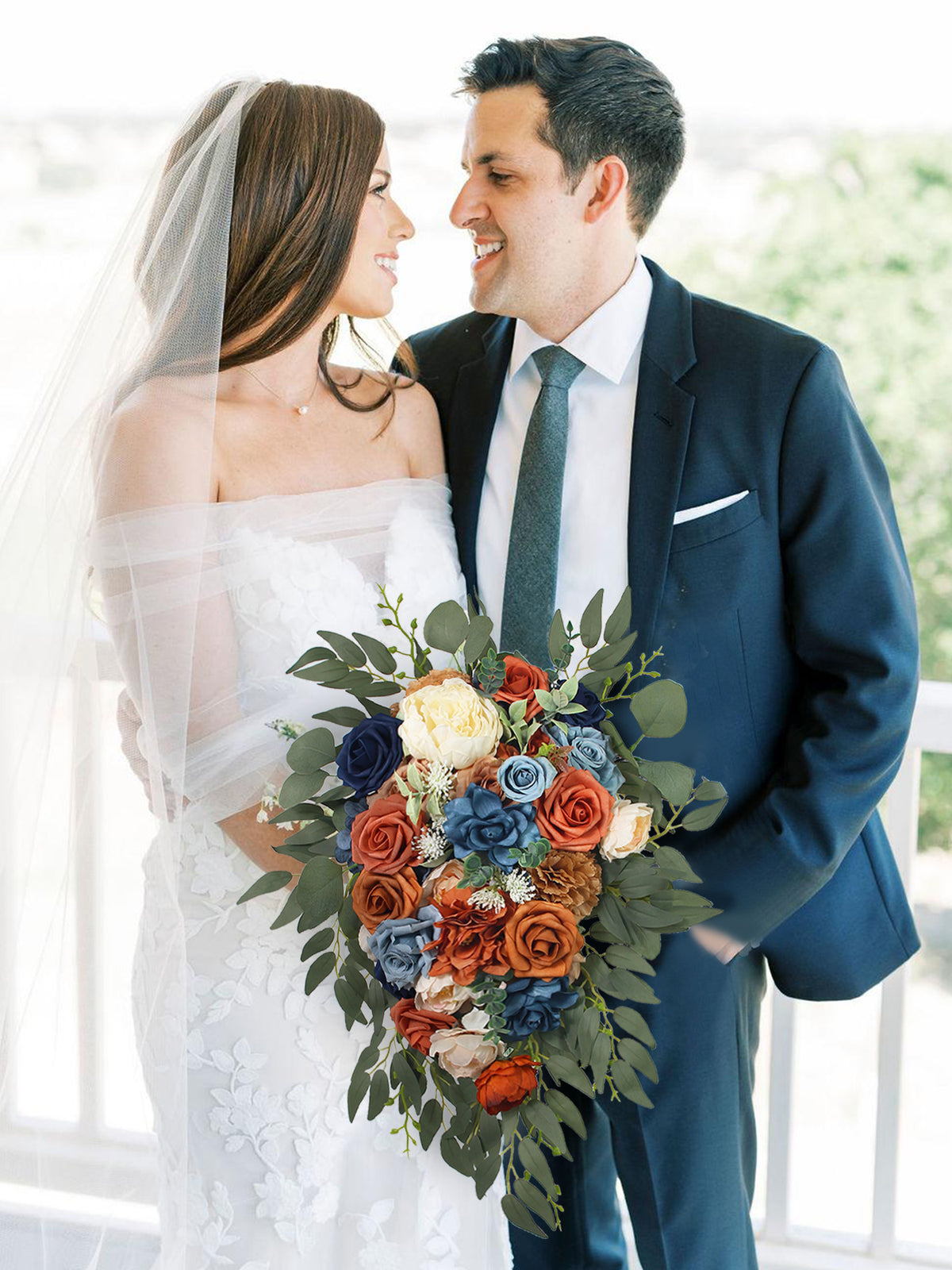 10 inch wide Navy Blue & Burnt Orange Cascading Bridal Bouquet - Rinlong Flower