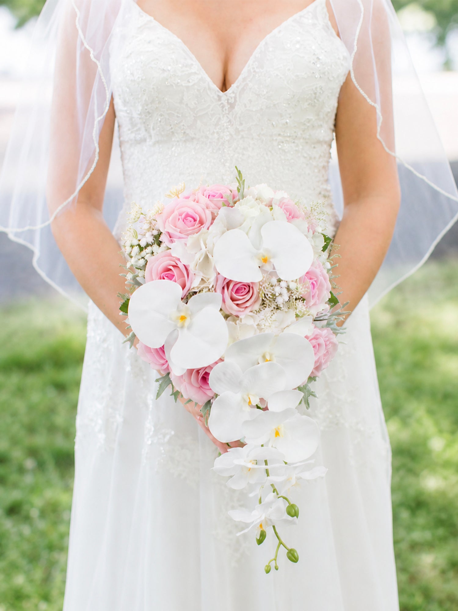 9 inch wide Pink & White Orchid Cascading Bridal Bouquet